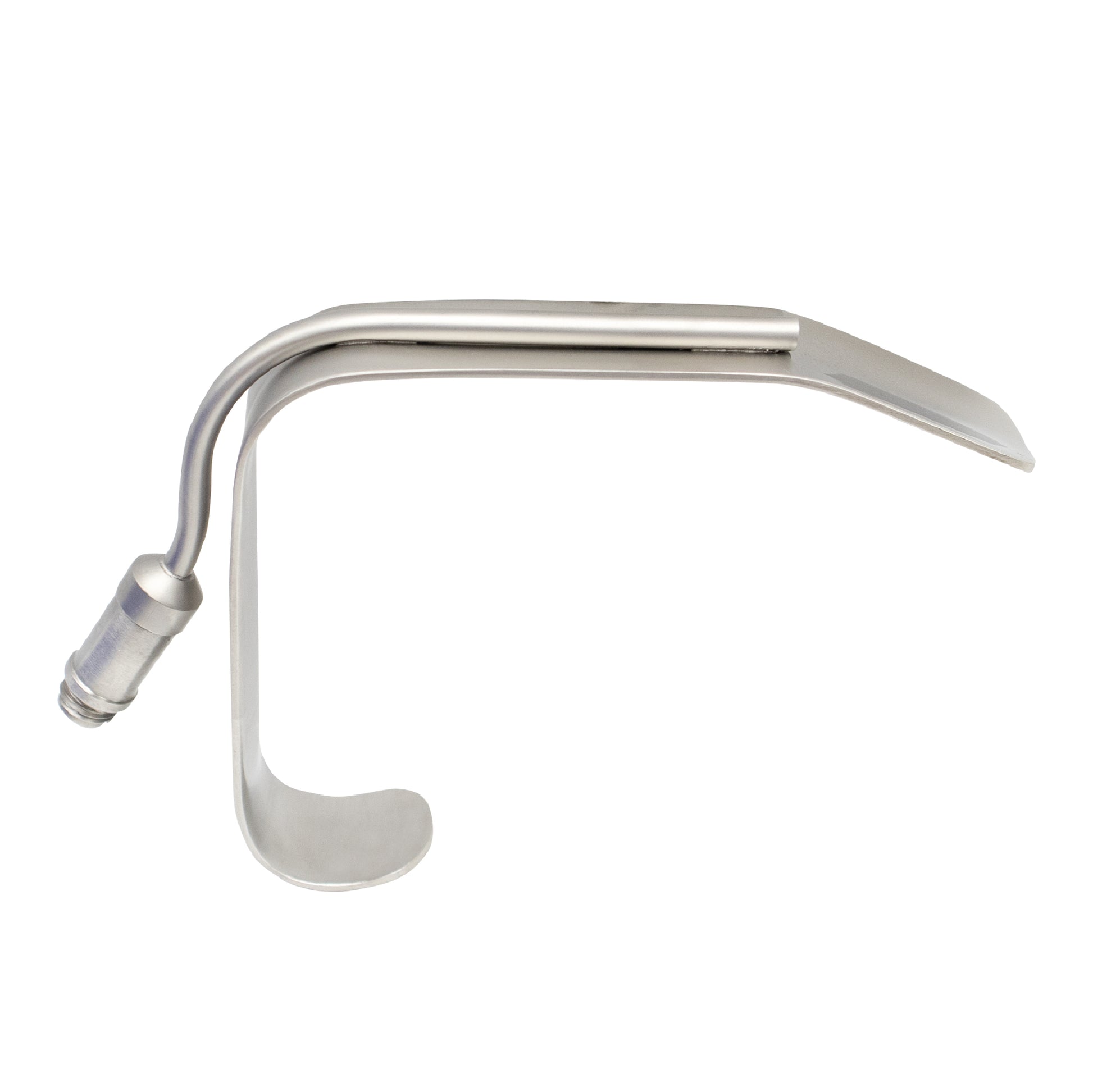 A stainless steel Ferreira face lift retractor featuring a curved right-angled blade and an integrated fiber-optic light carrier for surgical illumination.