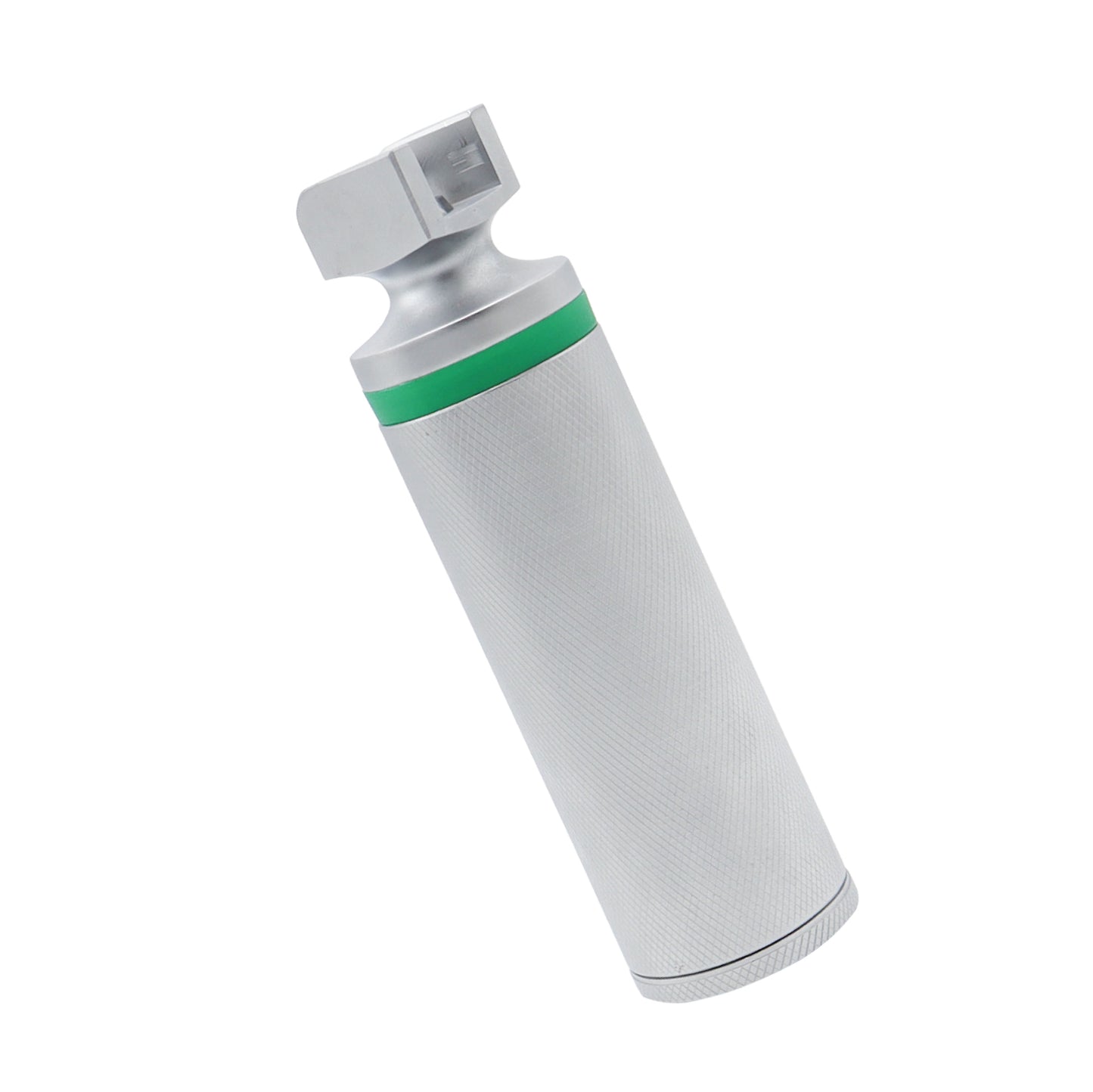 Medical grade stainless steel laryngoscope handle featuring a green identification ring for fiber optic compatibility and a textured non-slip surface.