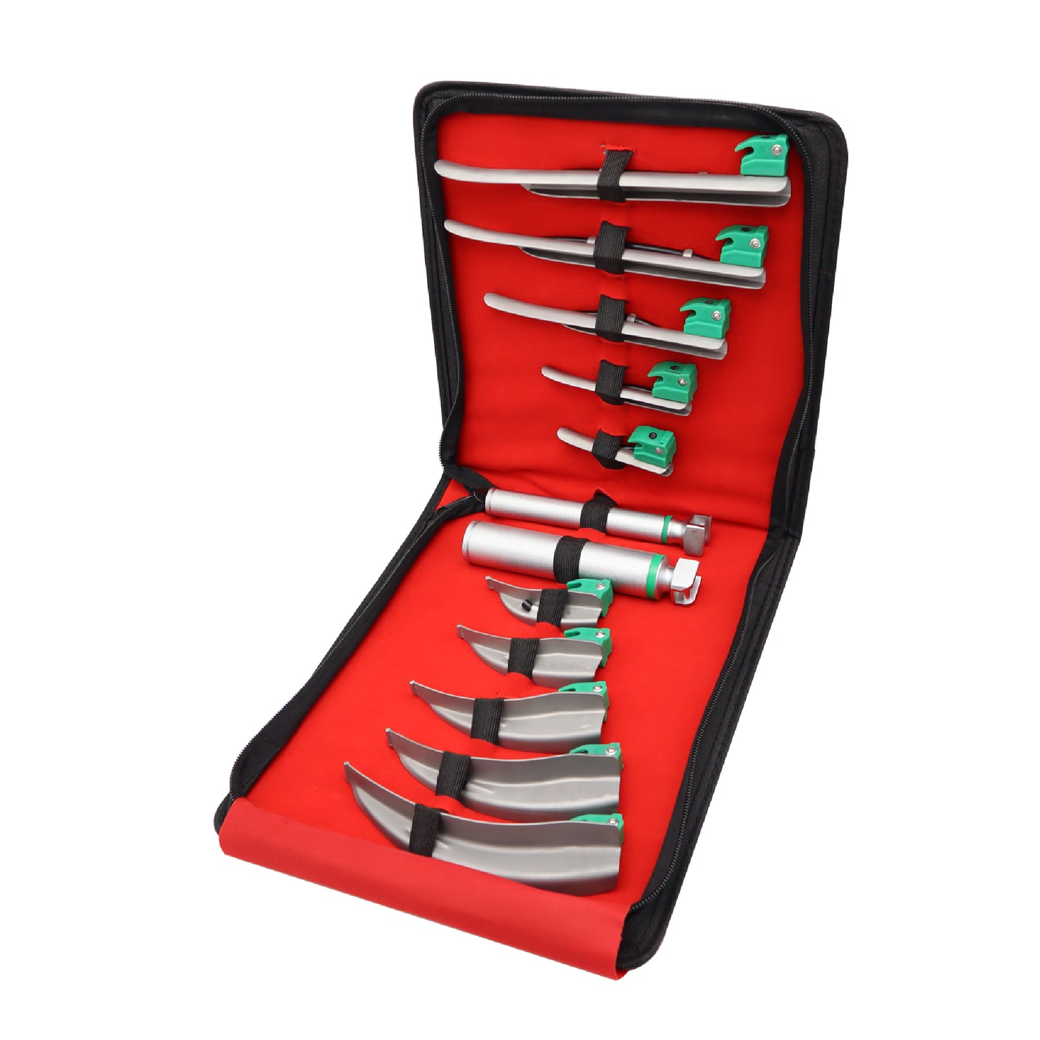 Fiber optic laryngoscope set with single-use Macintosh and Miller blades and reusable handles. Provides bright illumination, clear airway view, and safe intubation. Ideal for hospitals, emergency care, and surgical use with reliable performance and improved patient safety.