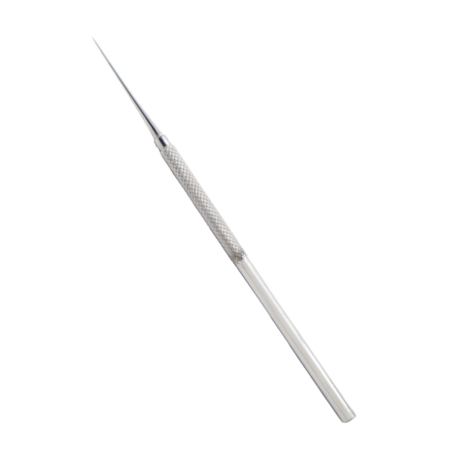 A stainless steel Fisch footplate perforator with a knurled handle and a sharp, tapered pen-like tip.