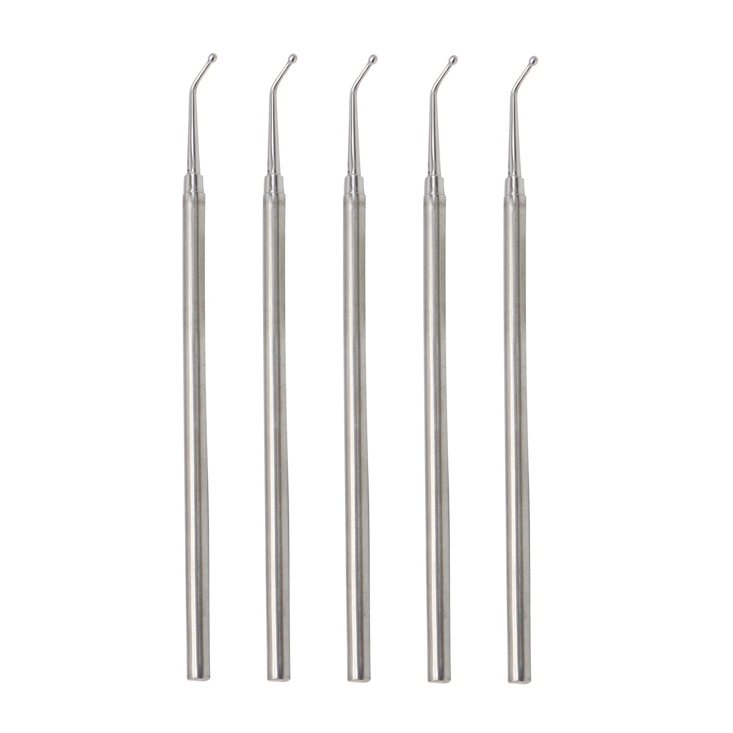 Five dental instruments with curved tips on a white background
