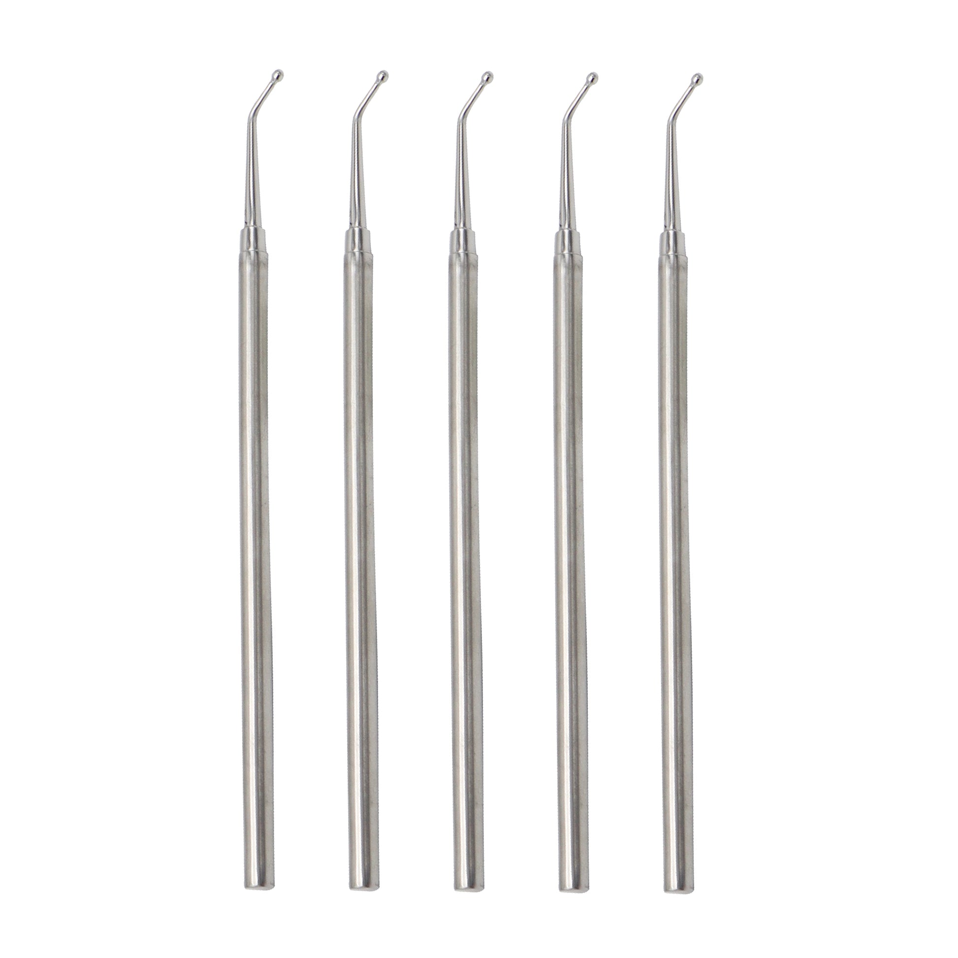 Five dental instruments with curved tips on a white background