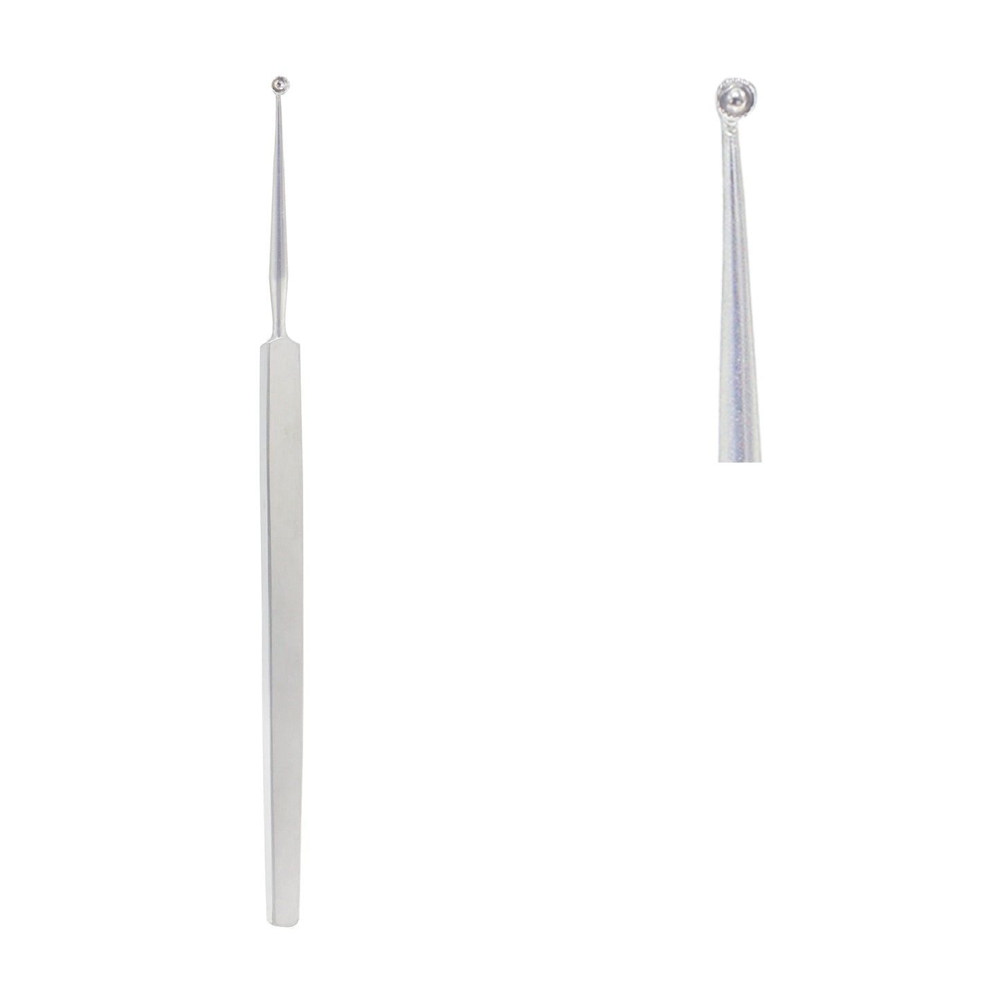 A Fox Dermal Curette surgical instrument featuring a long, flat handle and a small, circular, spoon-shaped tip, shown in full and in a close-up detail view.