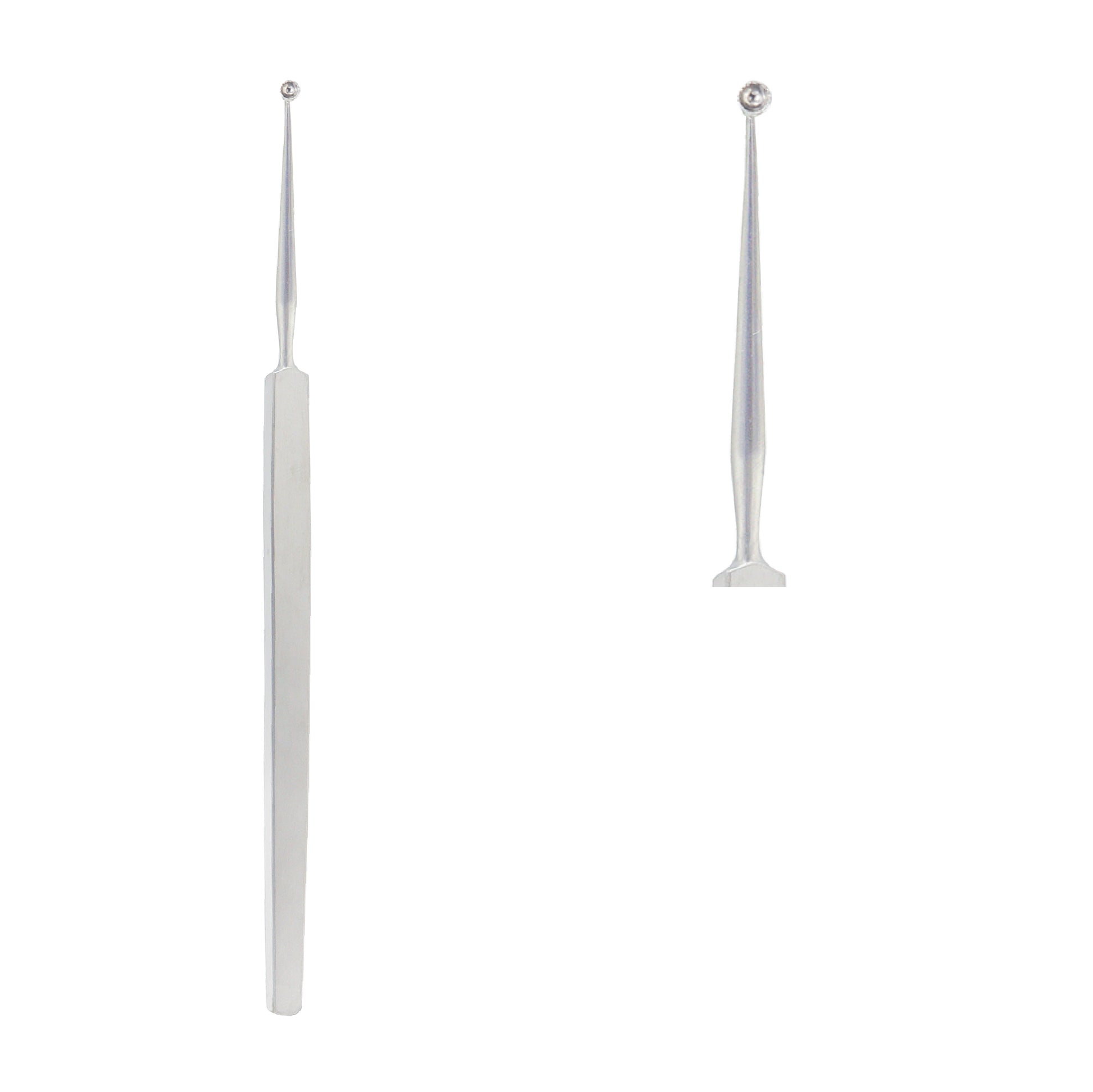 Fox dermal curette surgical instrument featuring a sharp round loop tip and a flat textured handle, shown in a front and side profile view against a solid white background.