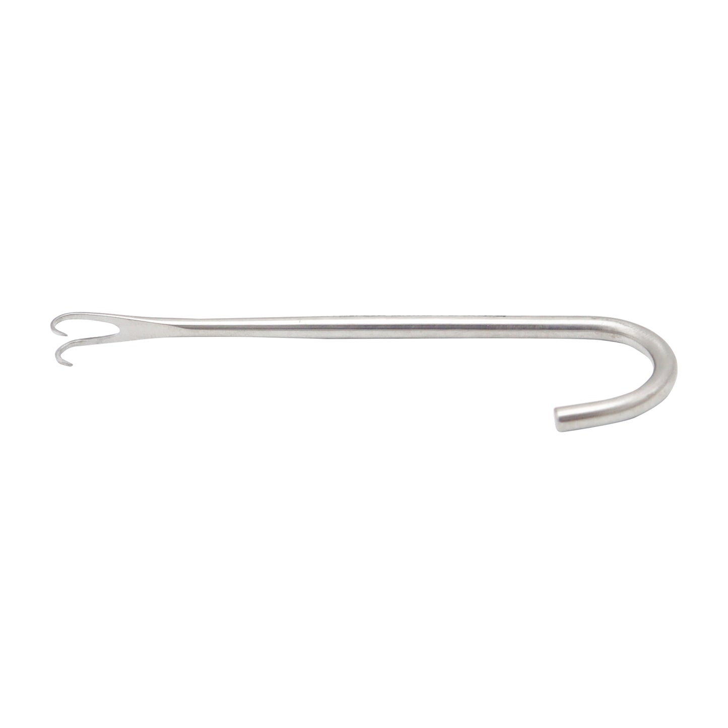 A stainless steel Freeman Double Skin Hook surgical retractor with two sharp-tipped hooks on one end and a curved handle on the other.