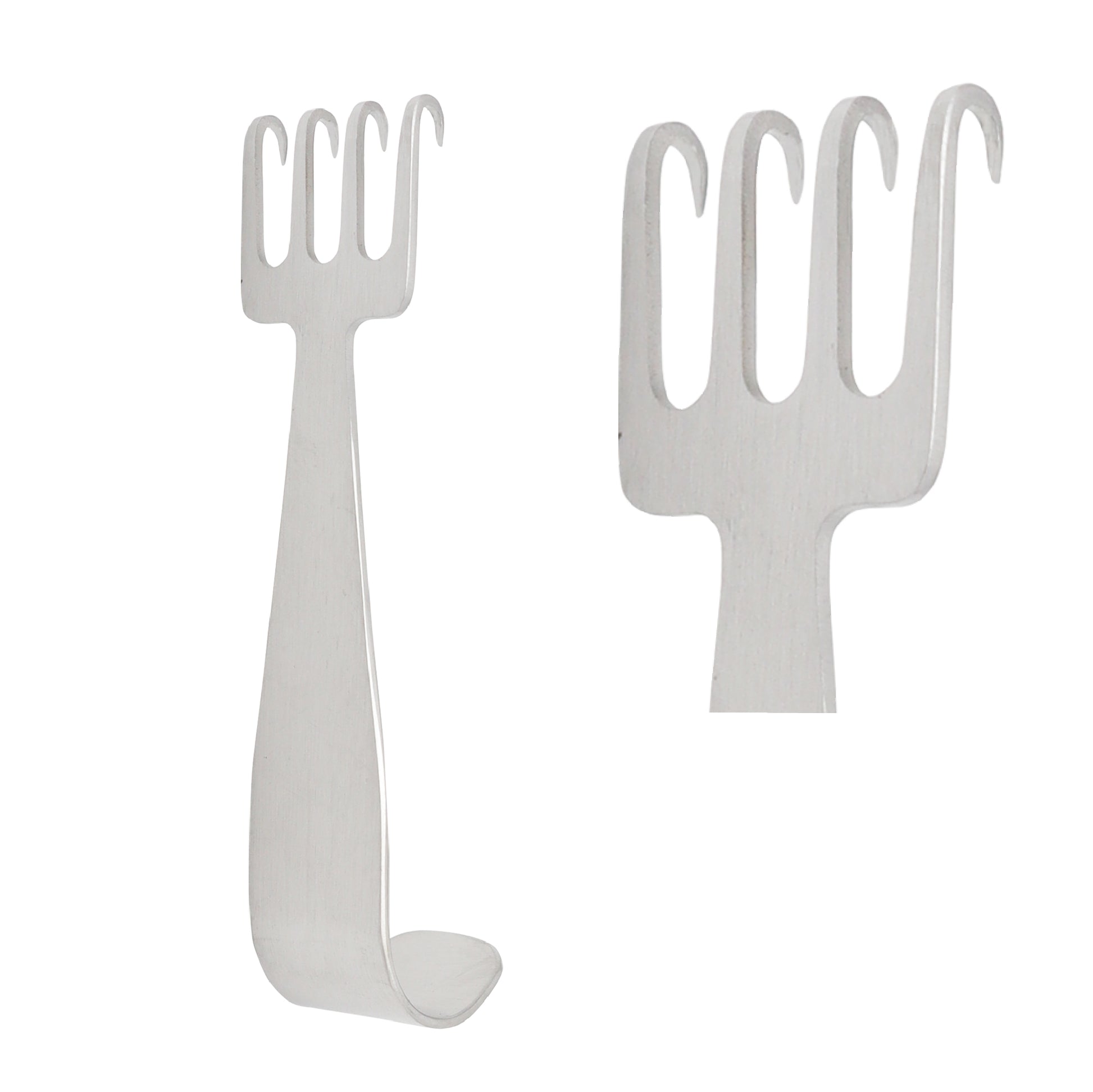 A stainless steel Freeman face lift retractor with four sharp rake prongs and a curved handle designed for surgical tissue retraction.