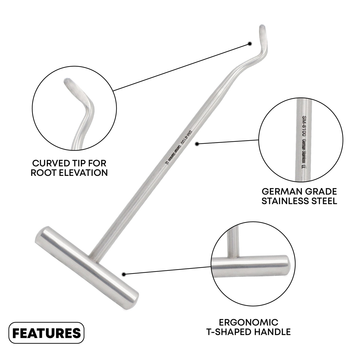 An infographic highlighting the features of a German-grade stainless steel dental root elevator, featuring a curved tip for root elevation and an ergonomic T-shaped handle.