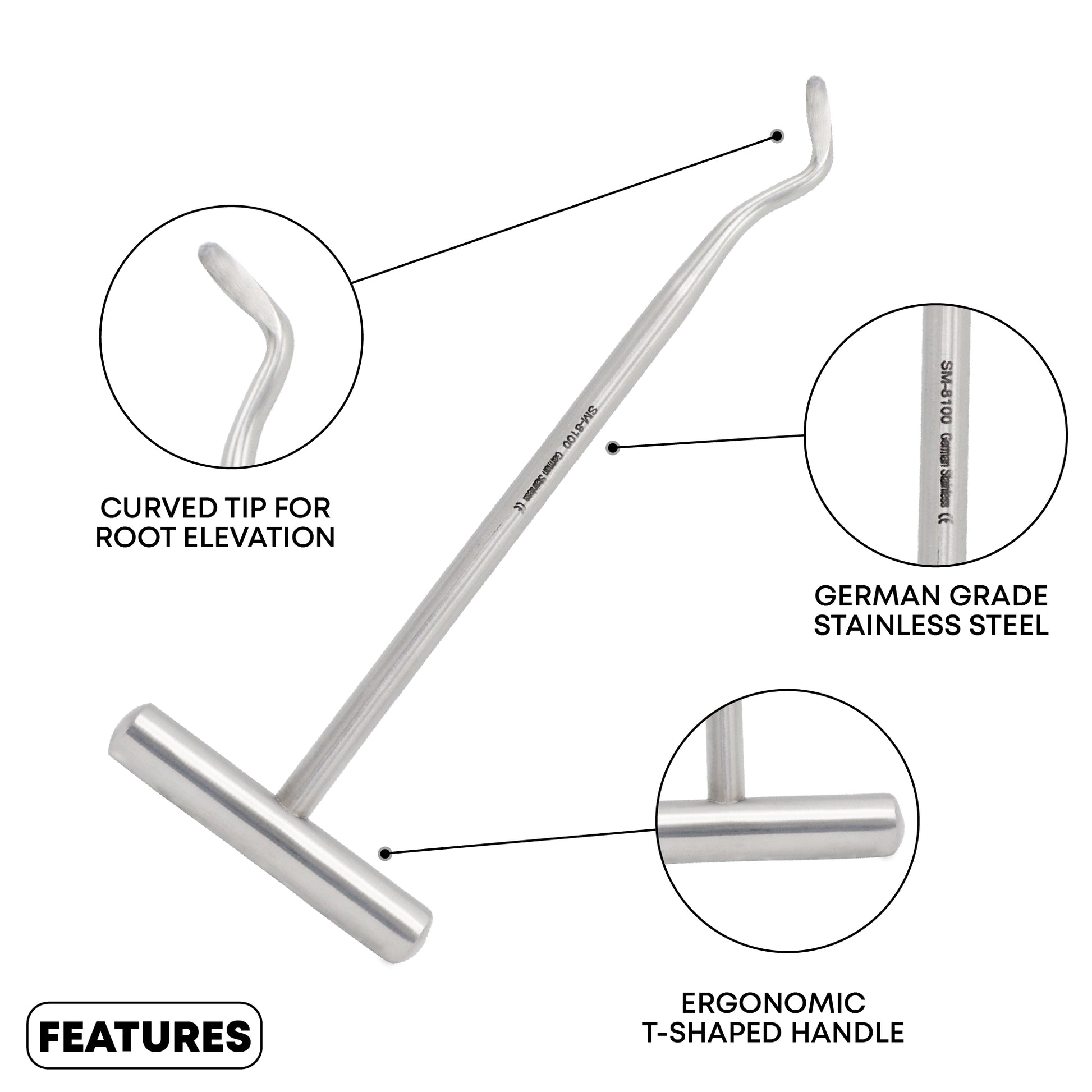 An infographic highlighting the features of a German-grade stainless steel dental root elevator, featuring a curved tip for root elevation and an ergonomic T-shaped handle.