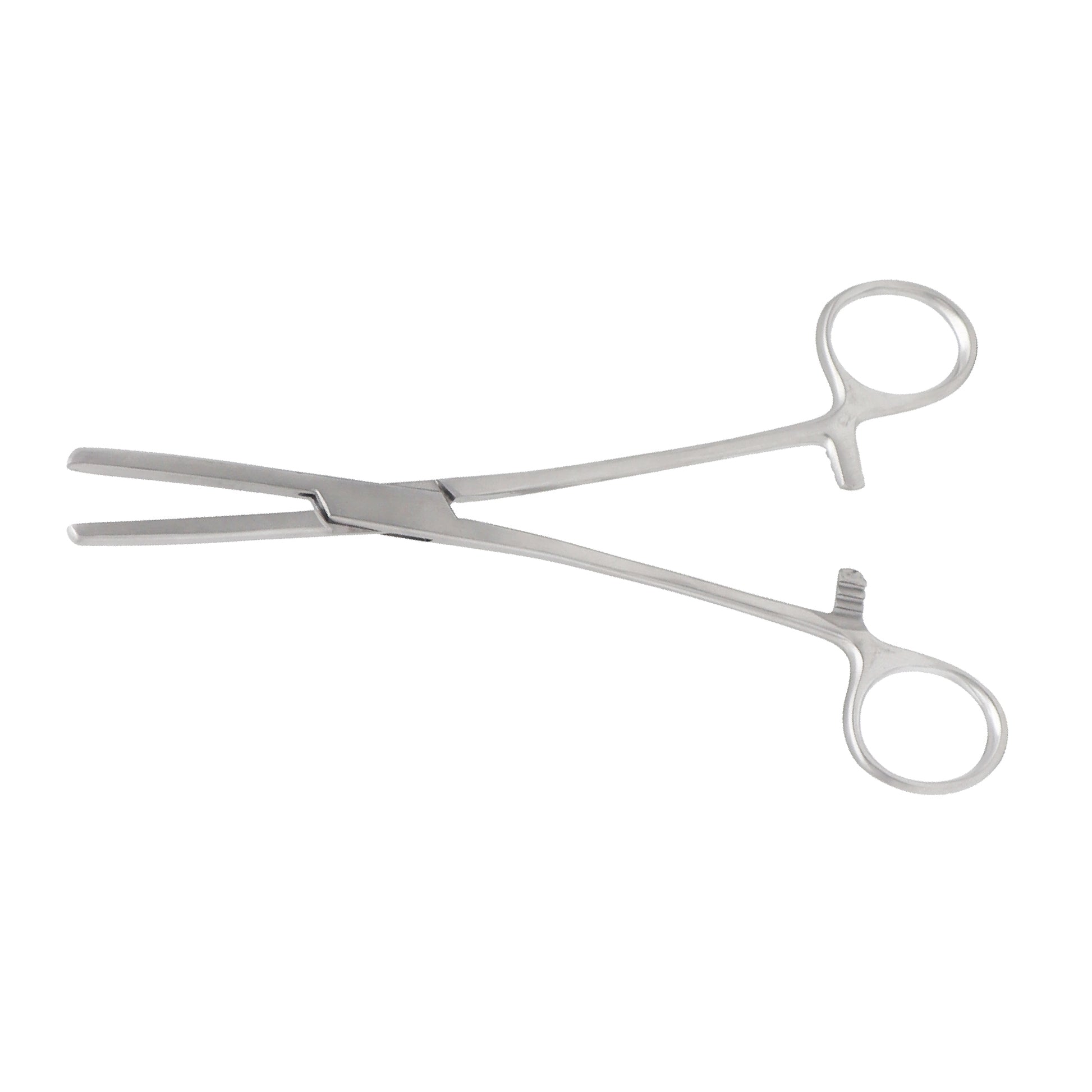 Close-up of 18 cm reusable tube clamp forceps with strong gripping jaws for reliable tubing control in surgical procedures