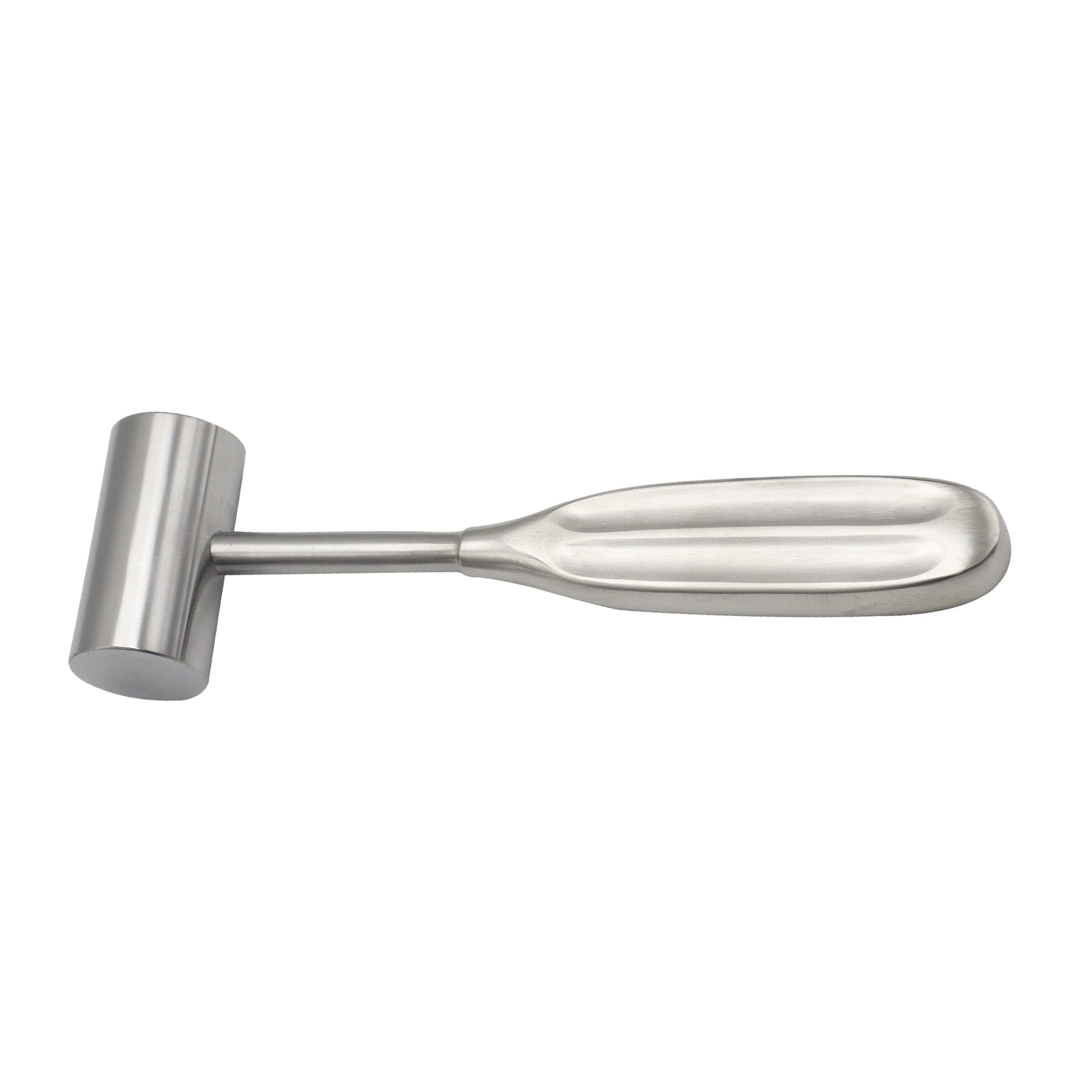 A Gerzog bone mallet with a polished stainless steel grooved handle and a solid cylindrical head, shown horizontally against a white background.