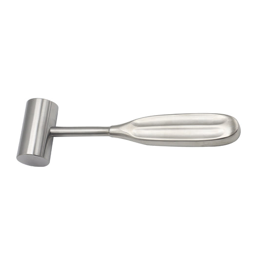 A Gerzog bone mallet with a polished stainless steel grooved handle and a solid cylindrical head, shown horizontally against a white background.