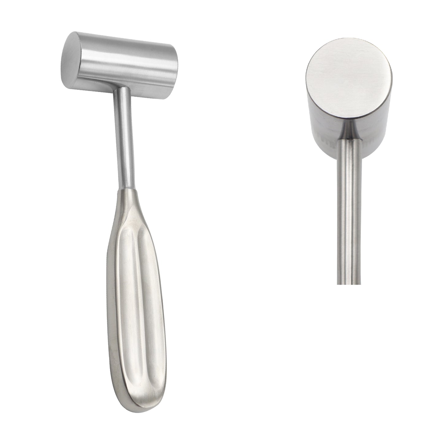 Dual views of a stainless steel Gerzog bone mallet surgical instrument showing the front profile with a grooved ergonomic handle and a side profile of the heavy cylindrical impacting head on a plain white background.