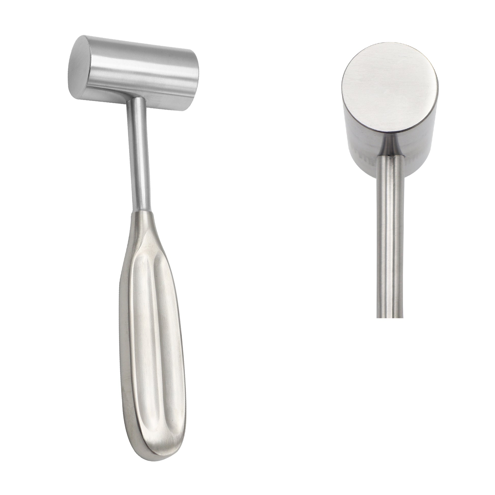 Dual views of a stainless steel Gerzog bone mallet surgical instrument showing the front profile with a grooved ergonomic handle and a side profile of the heavy cylindrical impacting head on a plain white background.