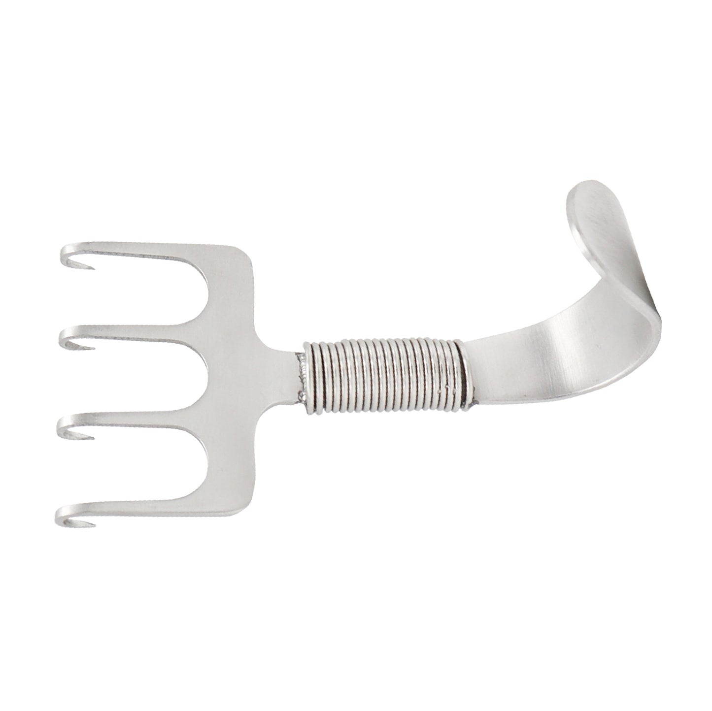 A stainless steel Gorney rake retractor featuring four sharp prongs, a spring neck for controlled tension, and a curved thumb hook handle.