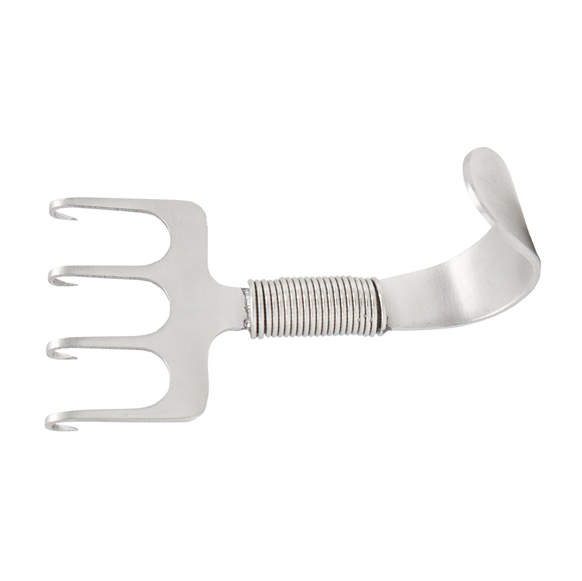 A stainless steel Gorney rake retractor featuring four sharp prongs, a spring neck for controlled tension, and a curved thumb hook handle.