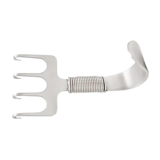 A stainless steel Gorney rake retractor featuring four sharp prongs, a spring neck for controlled tension, and a curved thumb hook handle.
