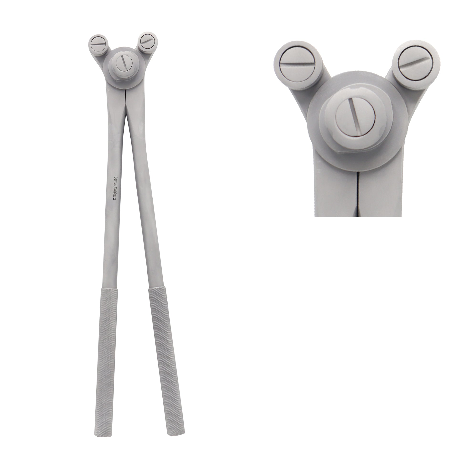 Gray kitchen tongs with adjustable handles on a white background