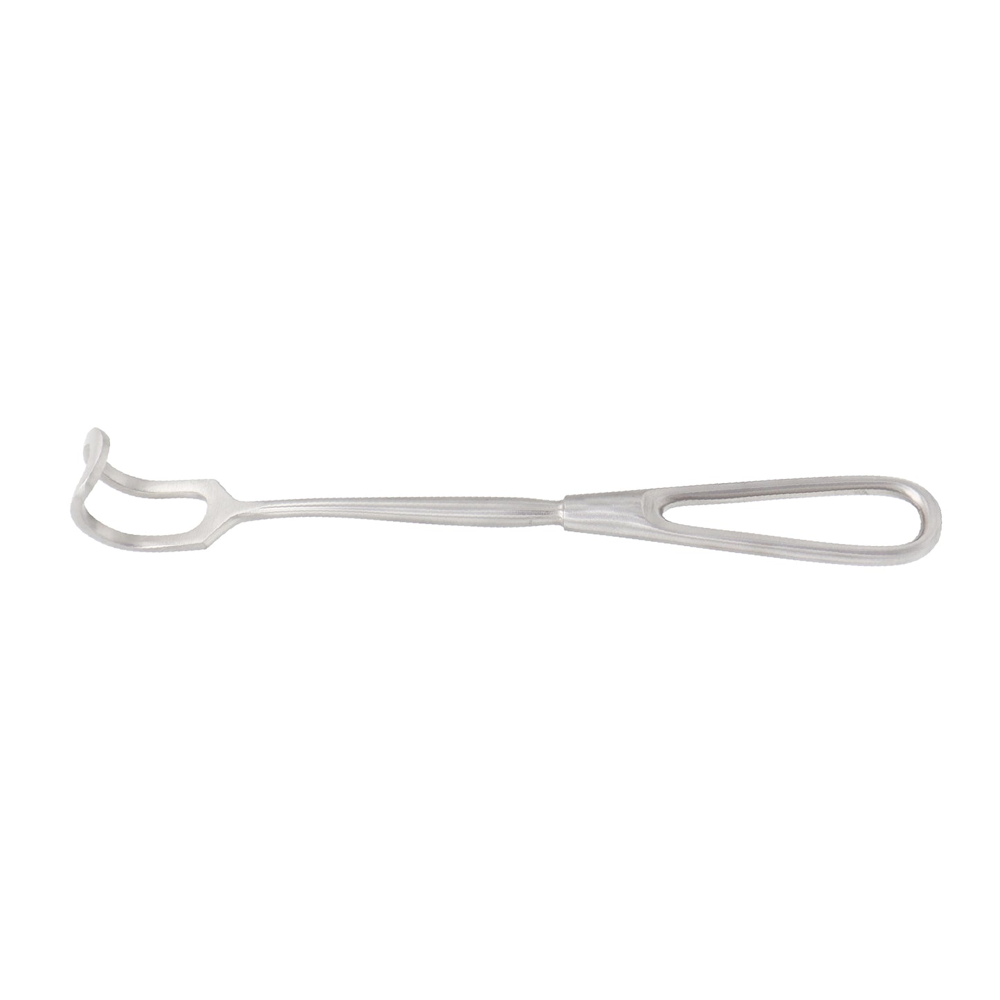 A surgical stainless steel Green Thyroid Retractor with a curved, loop-shaped fenestrated blade tip on one end and a teardrop handle on the other, isolated on a solid white background.