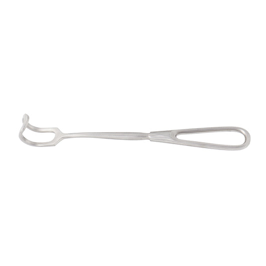 A surgical stainless steel Green Thyroid Retractor with a curved, loop-shaped fenestrated blade tip on one end and a teardrop handle on the other, isolated on a solid white background.