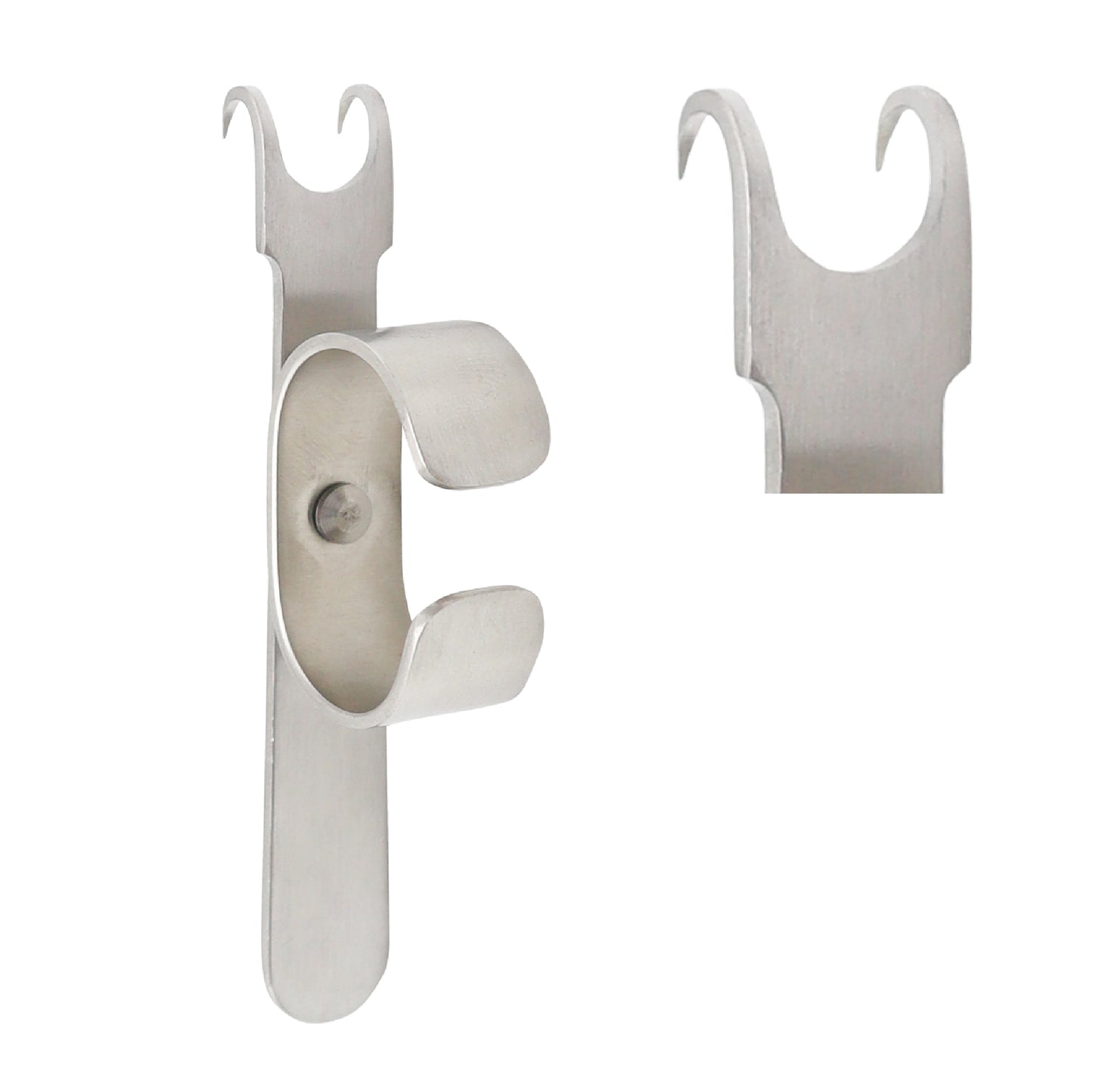 A stainless steel Guthrie double hook surgical retractor featuring two sharp, curved prongs at the top and a circular clip handle on a flat shaft, isolated on a white background.