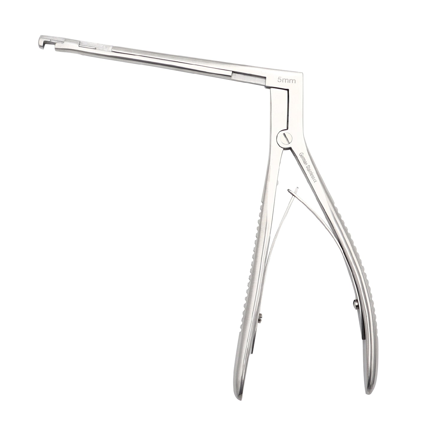 Stainless steel Hajek-Kofler sphenoid punch forceps with a 5mm bite, long thin shaft, and a spring-loaded squeeze handle for ENT sinus surgery, isolated on a white background.