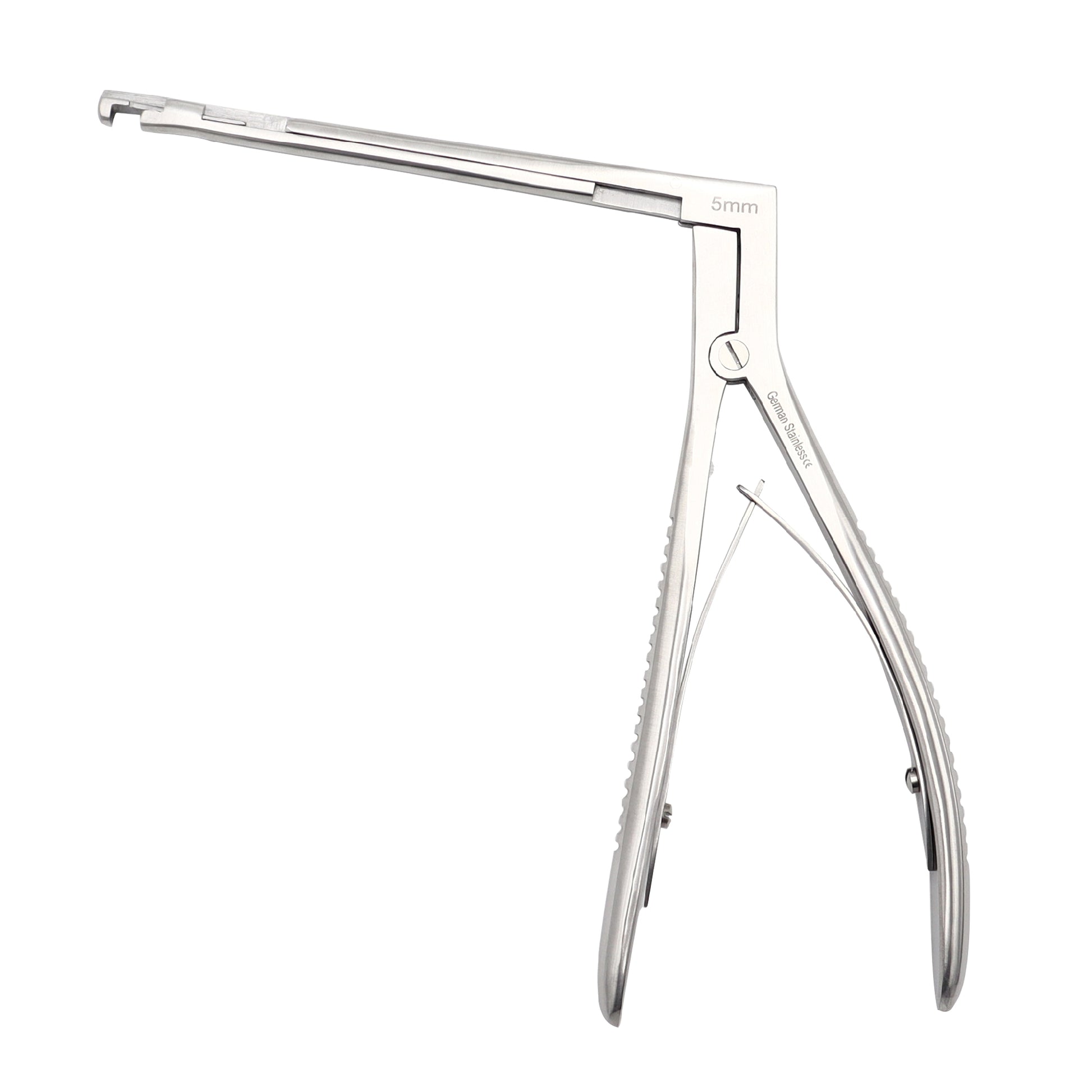 Stainless steel Hajek-Kofler sphenoid punch forceps with a 5mm bite, long thin shaft, and a spring-loaded squeeze handle for ENT sinus surgery, isolated on a white background.