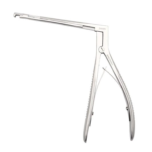 Stainless steel Hajek-Kofler sphenoid punch forceps with a 5mm bite, long thin shaft, and a spring-loaded squeeze handle for ENT sinus surgery, isolated on a white background.
