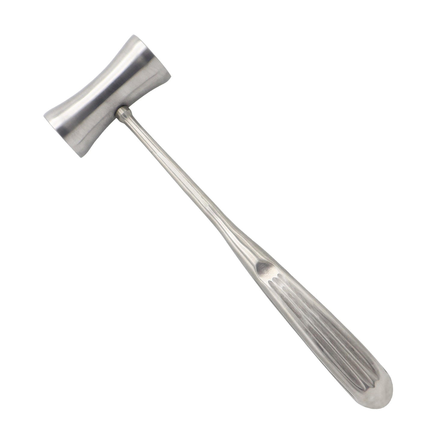 Stainless steel Hajek bone mallet with a flared double-sided head and an ergonomic grooved handle, designed for surgical use.