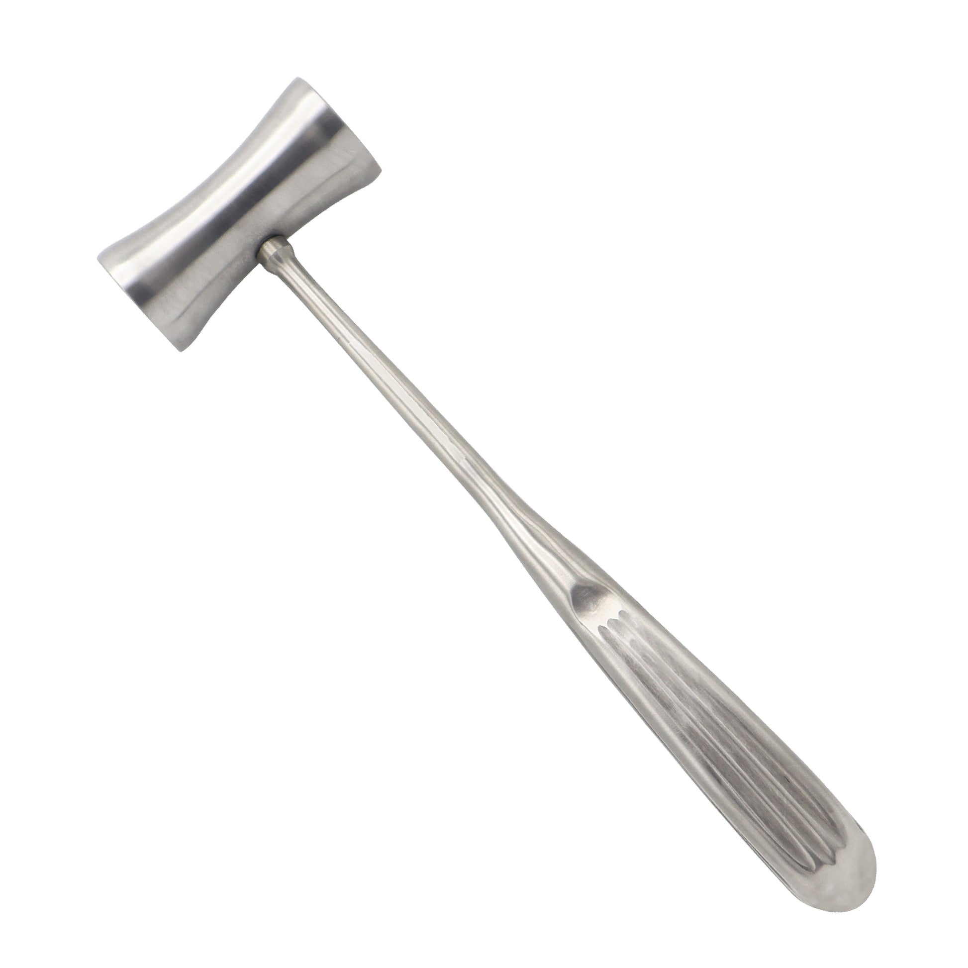 Stainless steel Hajek bone mallet with a flared double-sided head and an ergonomic grooved handle, designed for surgical use.