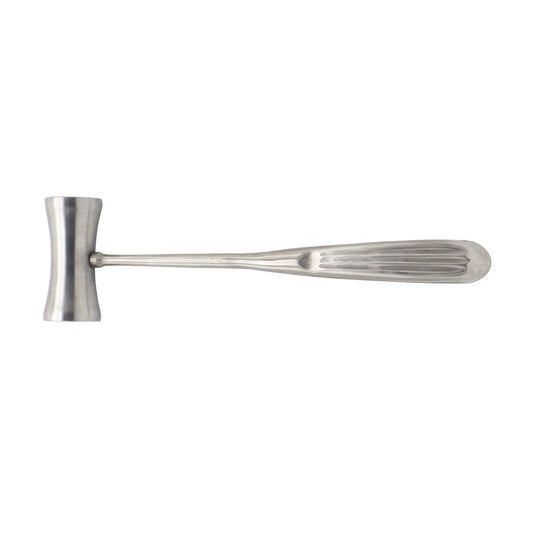 A stainless steel Hajek bone mallet featuring a flared double-sided head and a hollow handle with vertical grooves for enhanced grip, shown on a plain white background.