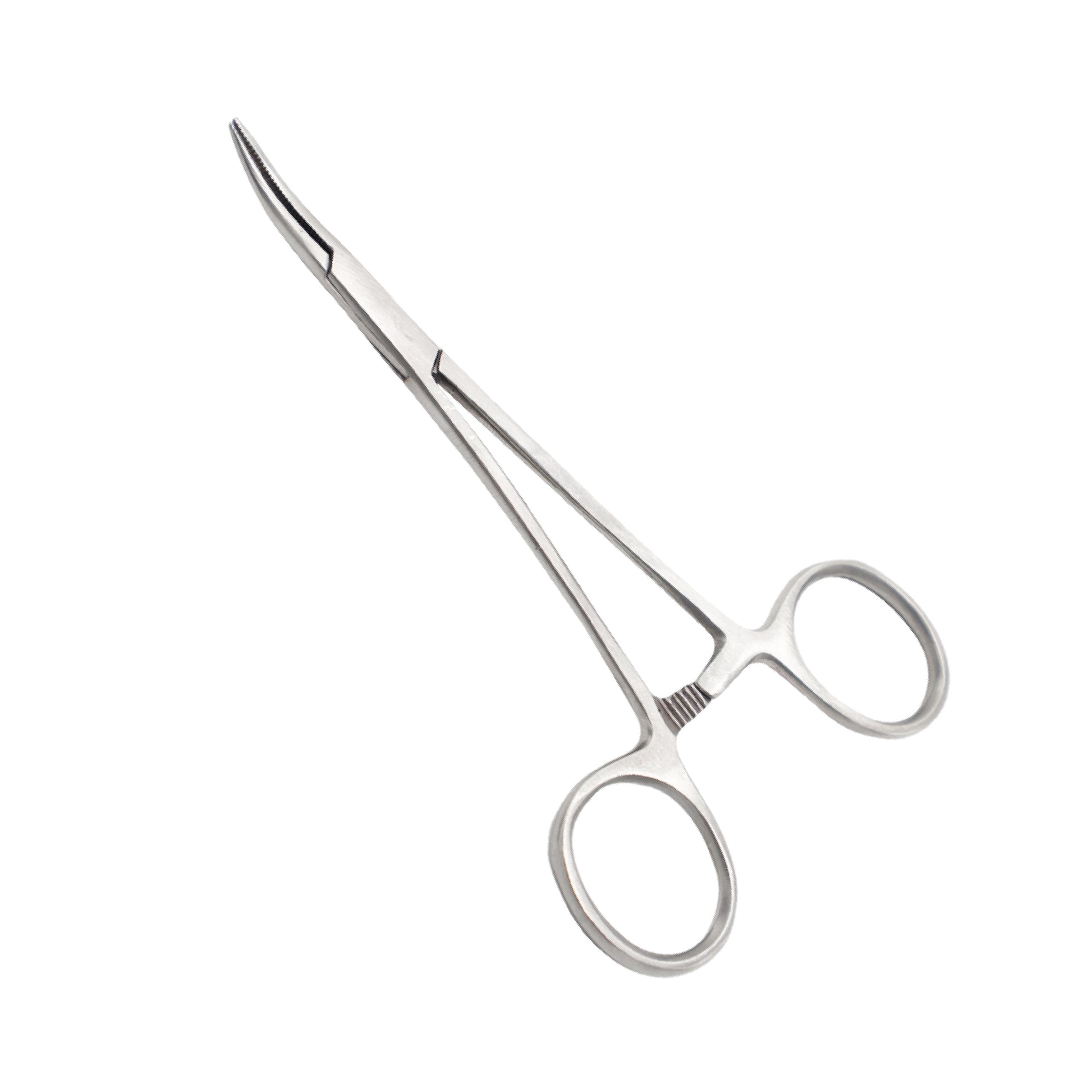 A pair of stainless steel Halsted mosquito hemostatic forceps with curved, serrated jaws and a ratcheted locking handle.