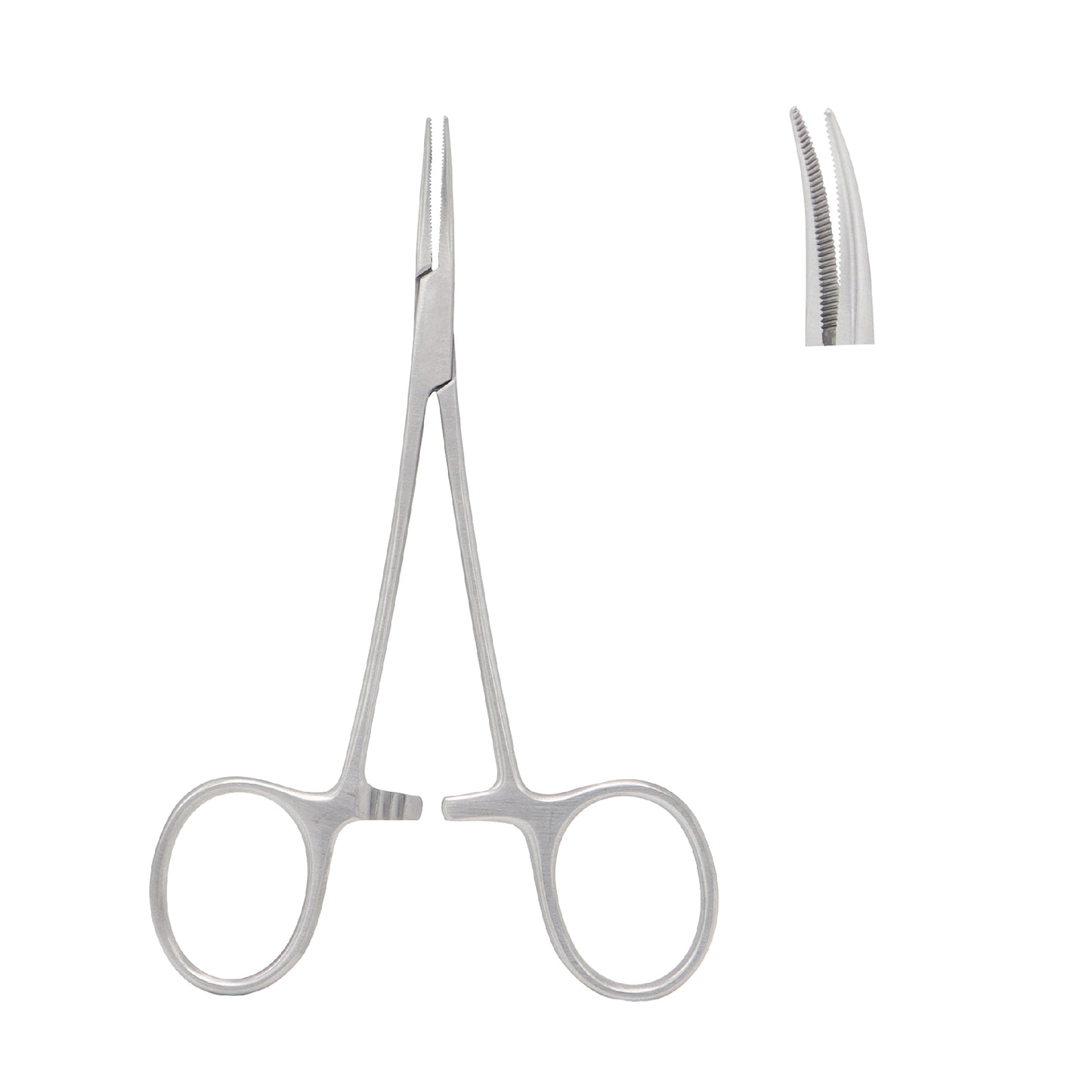 A surgical instrument made of stainless steel with a long, slender body and two finger ring handles at the bottom. It features a locking ratchet mechanism above the finger rings and tapered, serrated jaws at the top for precise clamping.