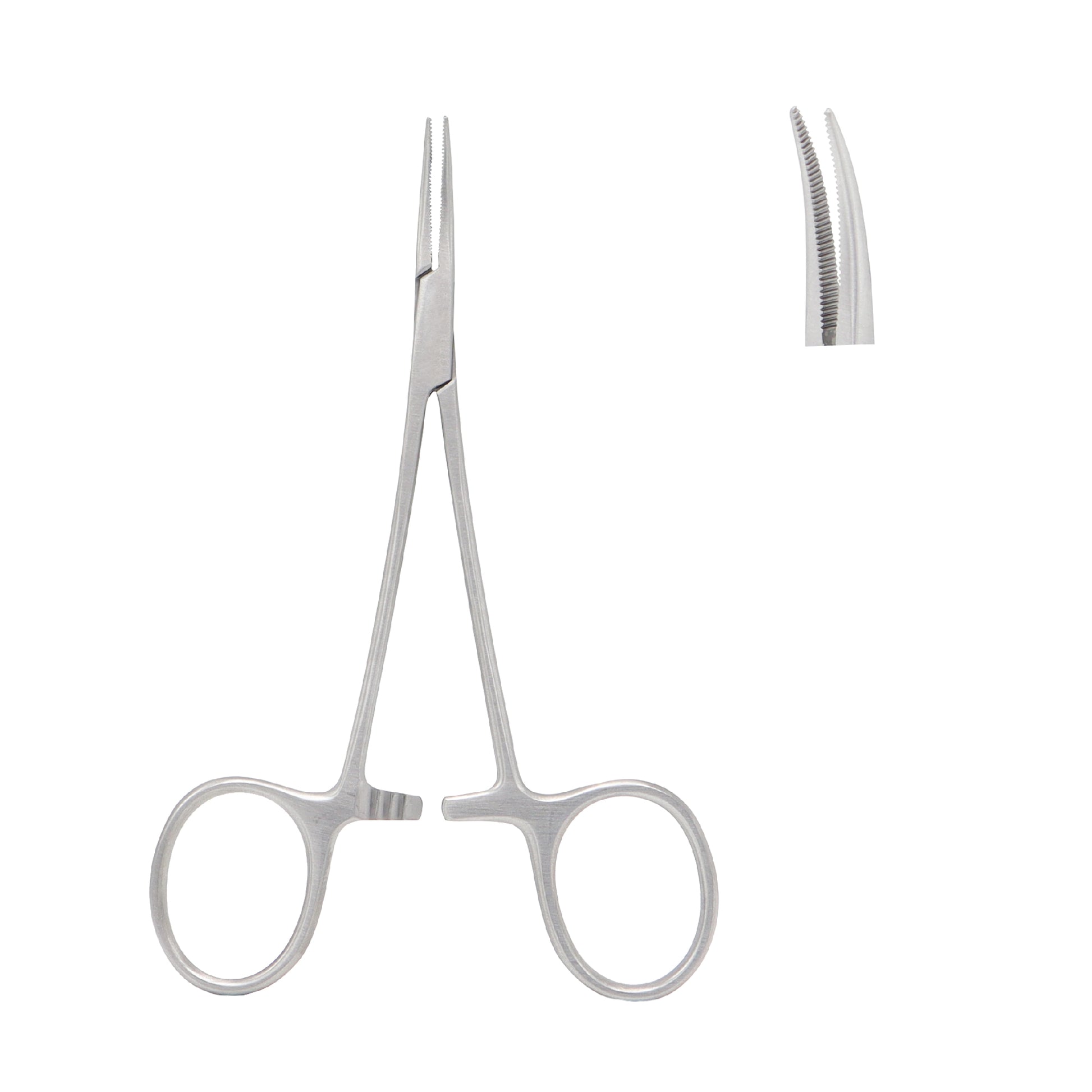 A surgical instrument made of stainless steel with a long, slender body and two finger ring handles at the bottom. It features a locking ratchet mechanism above the finger rings and tapered, serrated jaws at the top for precise clamping.