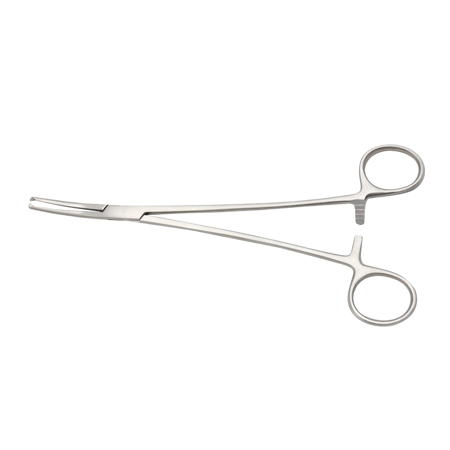 Stainless steel Heiss Hemostatic Forceps with a curved 1x2 teeth tip and a ring-handle locking mechanism for surgical procedures.