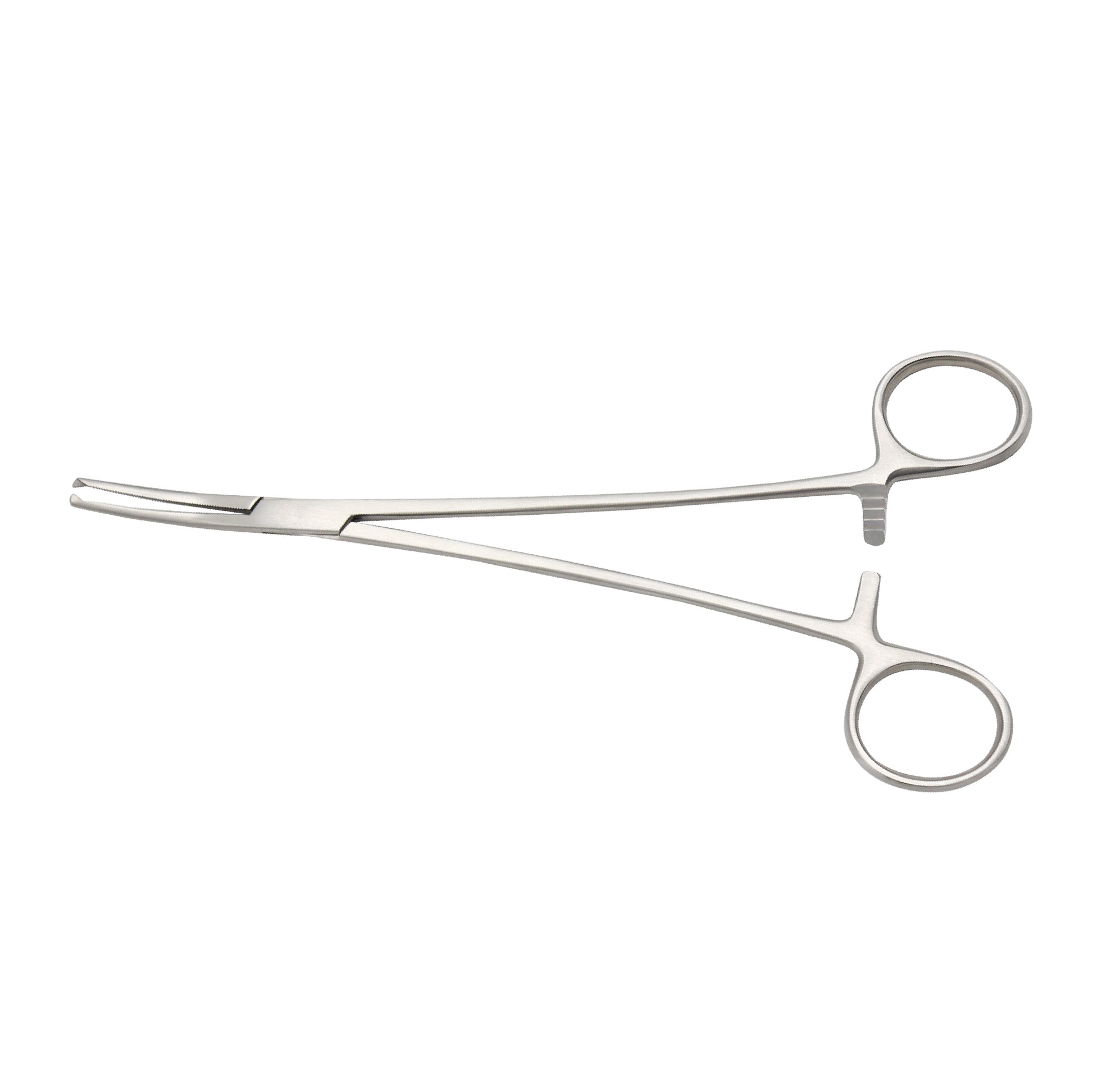 Stainless steel Heiss Hemostatic Forceps with a curved 1x2 teeth tip and a ring-handle locking mechanism for surgical procedures.