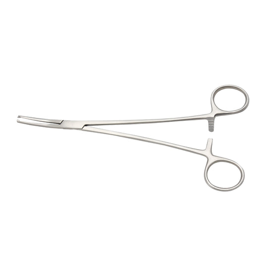 Stainless steel Heiss Hemostatic Forceps with a curved 1x2 teeth tip and a ring-handle locking mechanism for surgical procedures.