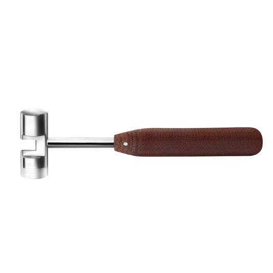 A professional studio shot of a surgical bone mallet featuring a cylindrical, slotted stainless steel head and a tapered brown ergonomic phenolic handle, shown horizontally against a solid white background.