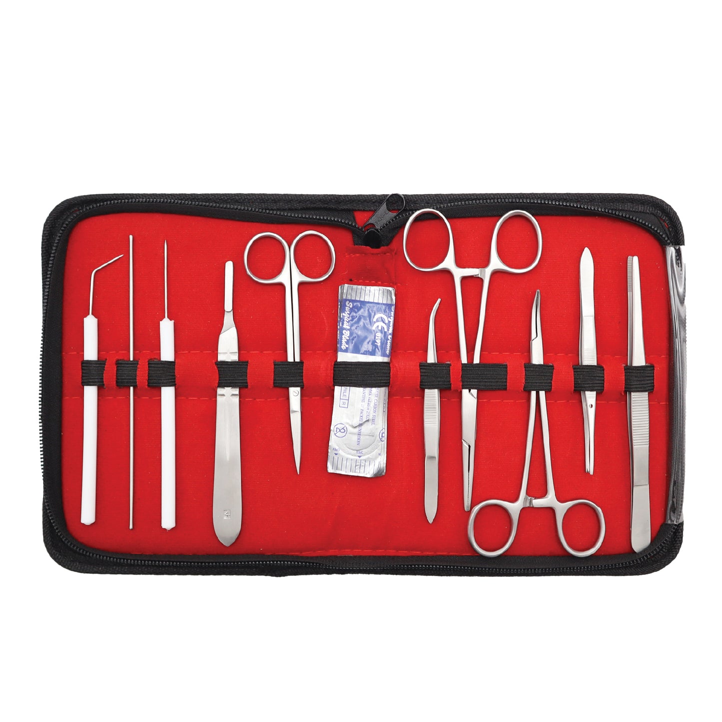 A professional 11-piece medical dissection kit featuring various stainless steel surgical tools, including forceps, scissors, a scalpel handle, and suture needles, organized in a red-lined black zippered vinyl case.