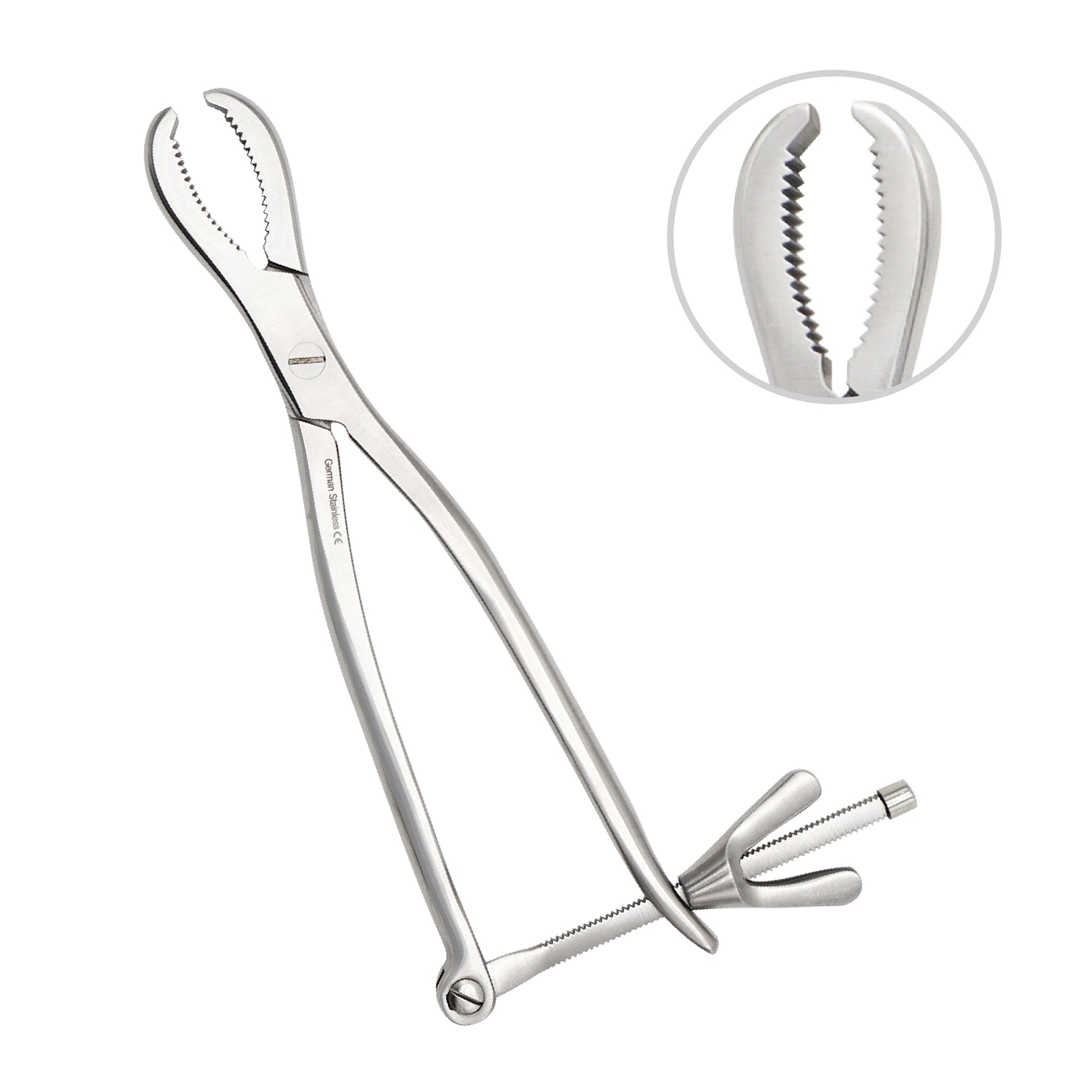 A professional-grade stainless steel orthopedic bone holding forceps featuring curved, deeply serrated jaws for a secure grip and a threaded speed lock mechanism at the handle base, displayed on a clean white background.