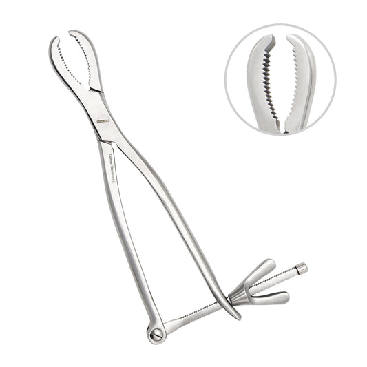 A professional-grade stainless steel orthopedic bone holding forceps featuring curved, deeply serrated jaws for a secure grip and a threaded speed lock mechanism at the handle base, displayed on a clean white background.