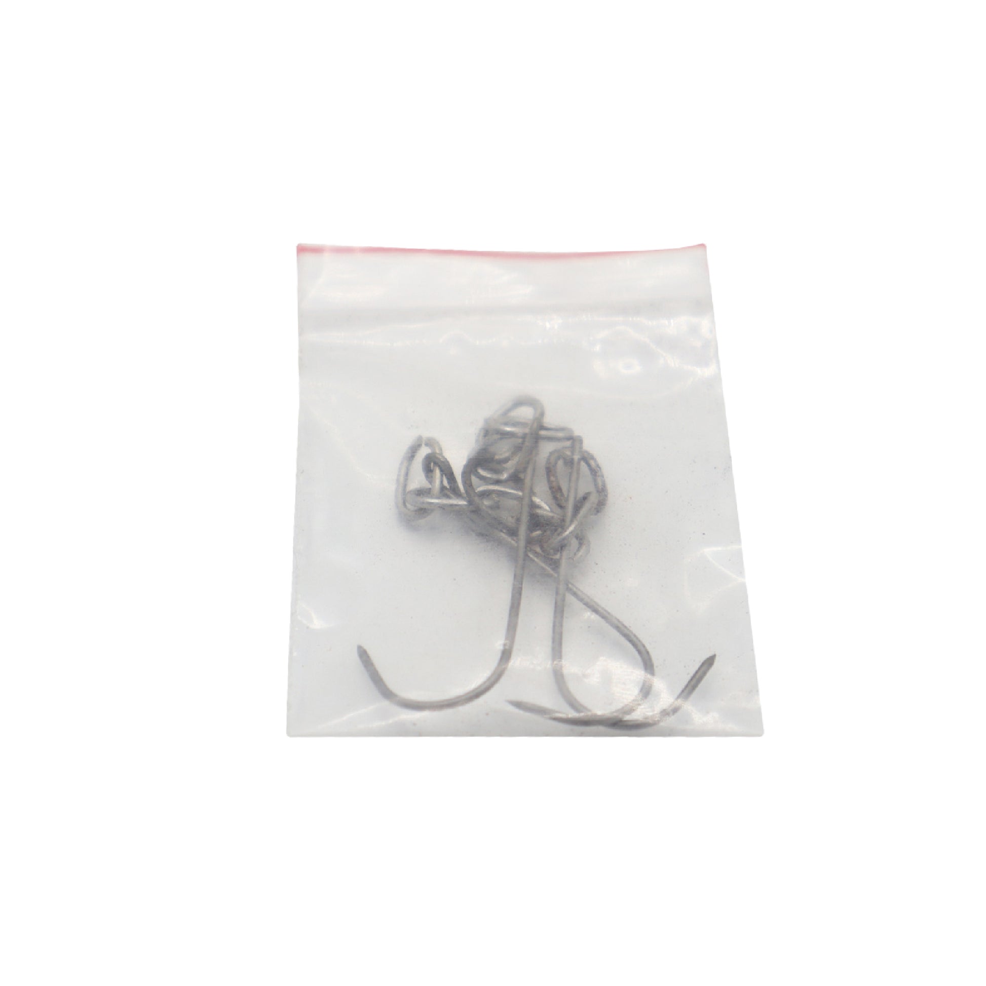 A close-up photograph of several silver-colored, high-carbon steel single fishing hooks with sharp points and eyelet tops, packaged inside a clear, small plastic zip-lock bag.