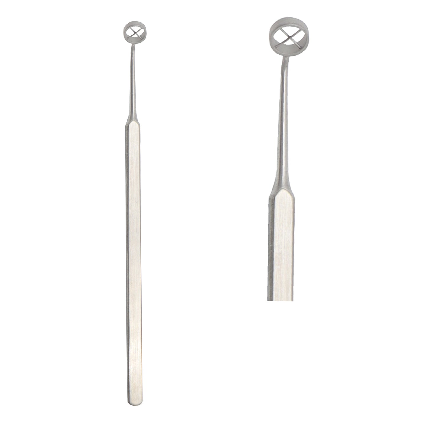 Stainless steel ophthalmic surgical corneal marker with circular head and internal crosshair alignment guidelines.