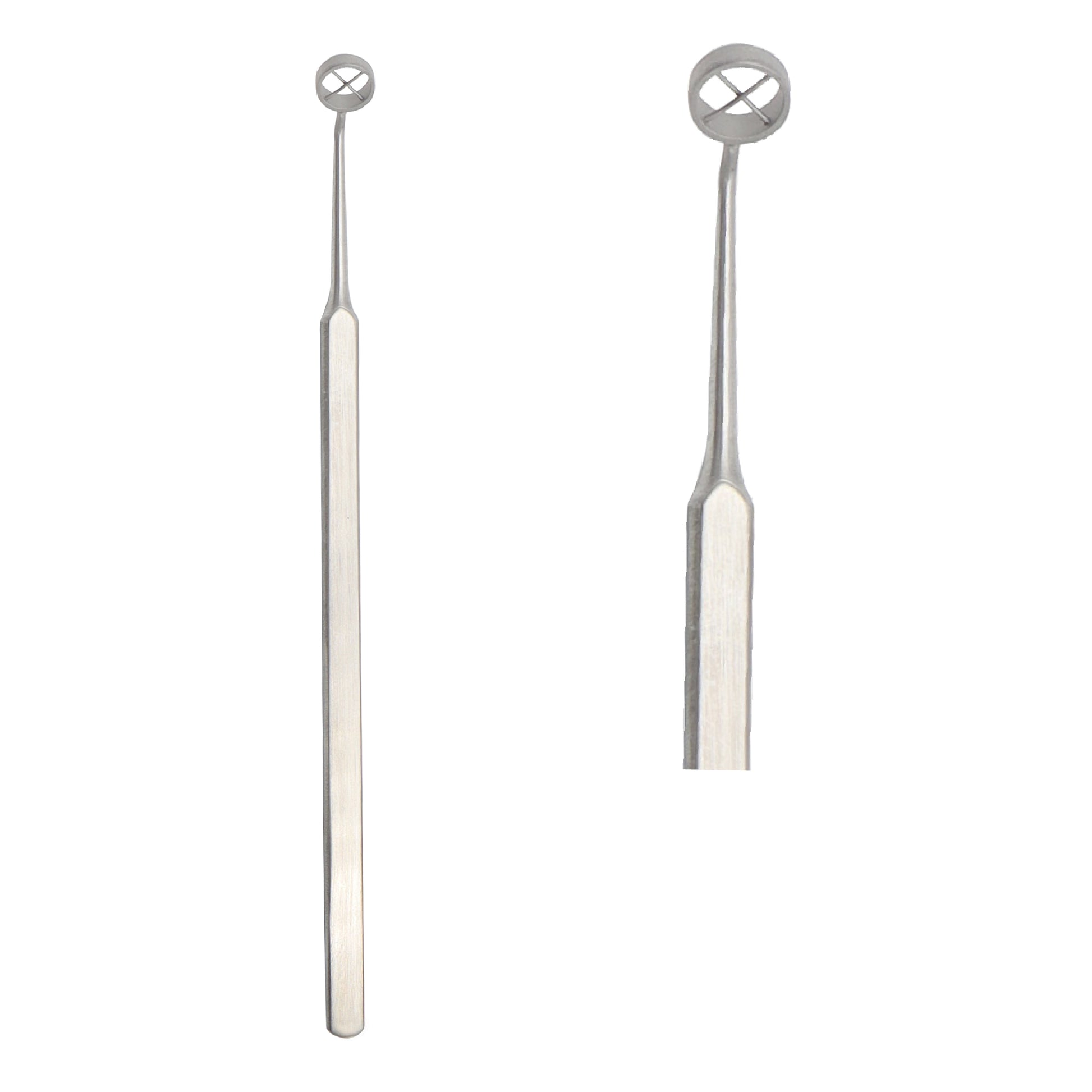 Stainless steel ophthalmic surgical corneal marker with circular head and internal crosshair alignment guidelines.