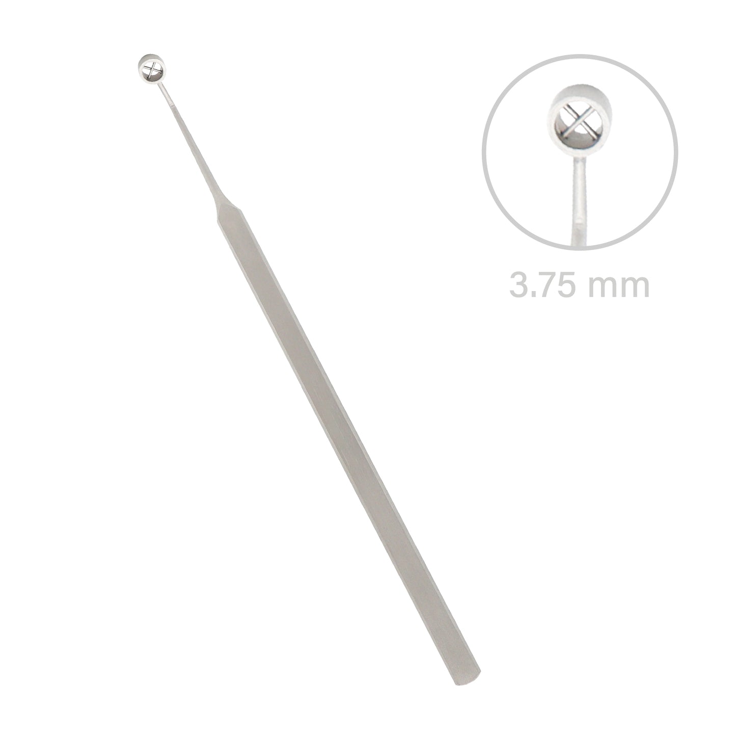 An angled stainless steel Hoffer optic zone corneal marker with a circular ring tip featuring internal cross hairs, including a close-up inset diagram highlighting the 3.75 mm dimension.