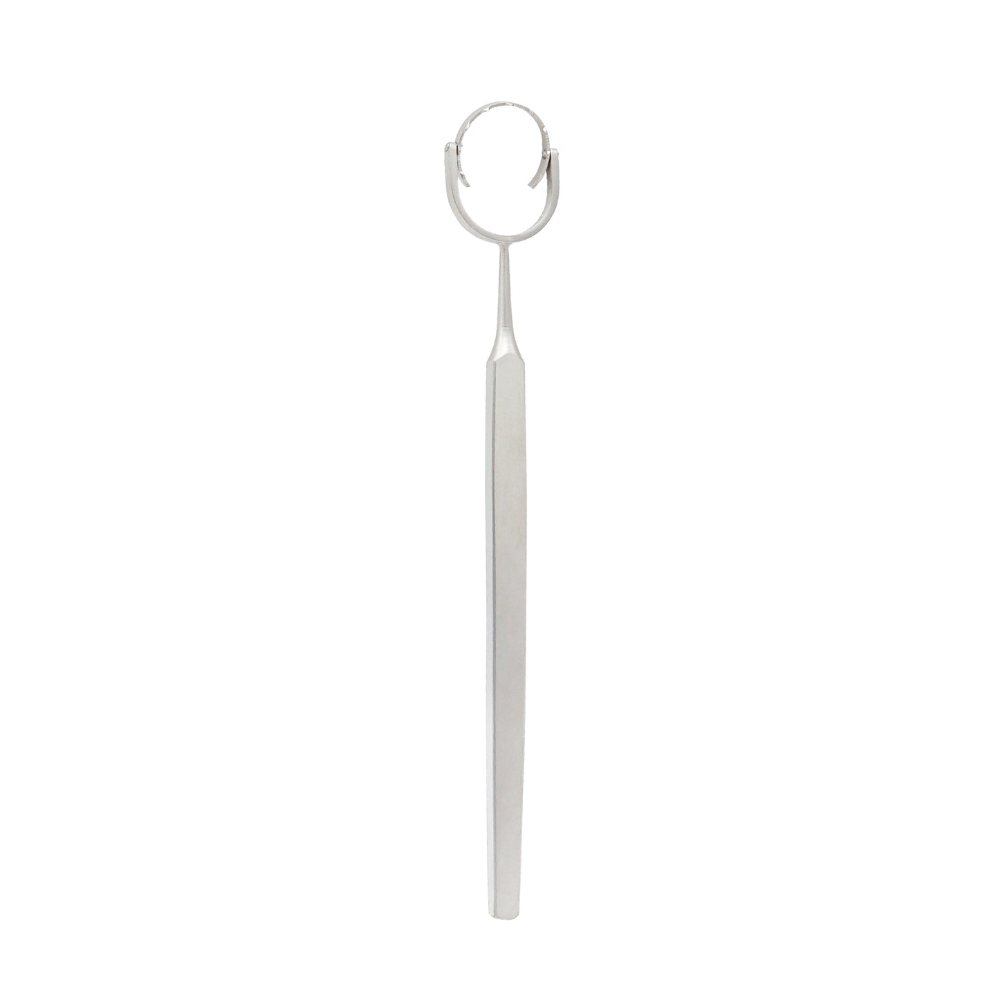 A specialized ophthalmic surgical instrument featuring a 16mm swivel fixation ring with blunt teeth and a long, solid square-shaped handle, used to stabilize the eye during surgery.
