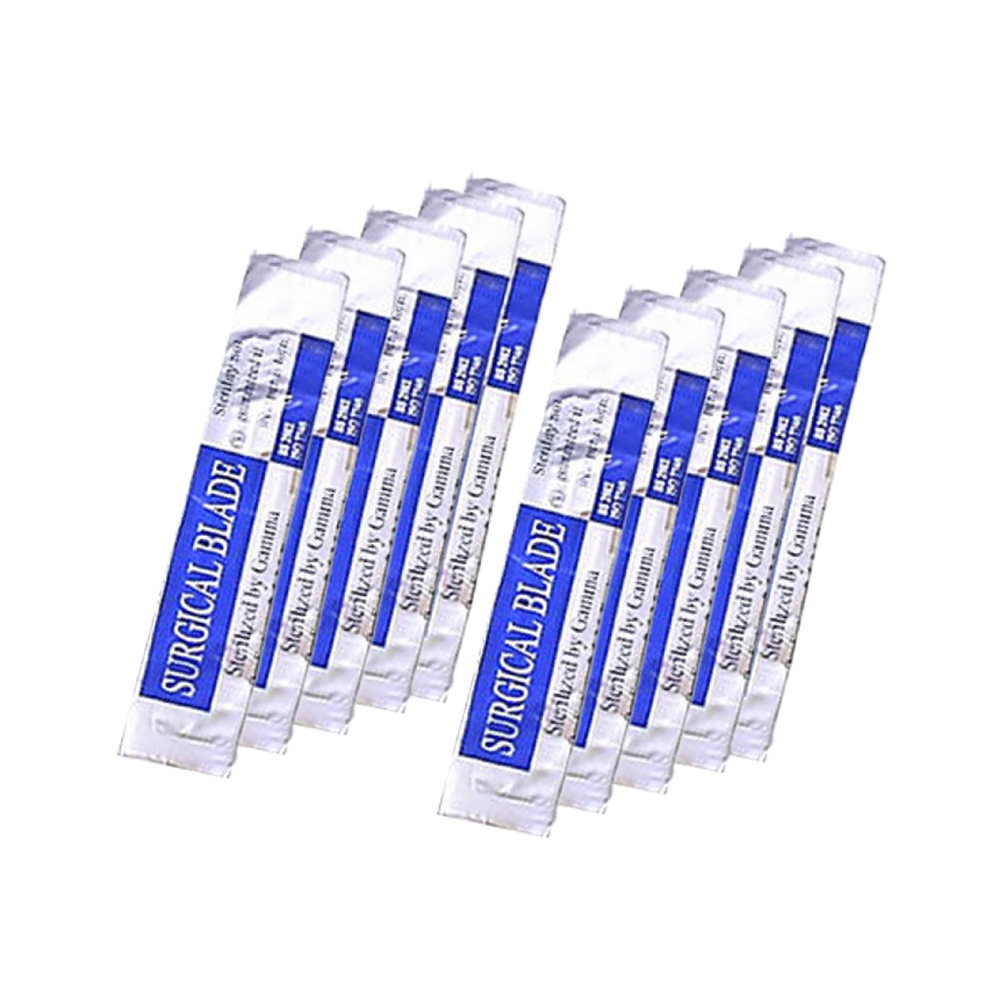 A fan-shaped arrangement of individually foil-wrapped sterile surgical scalpel blades with blue and white packaging.