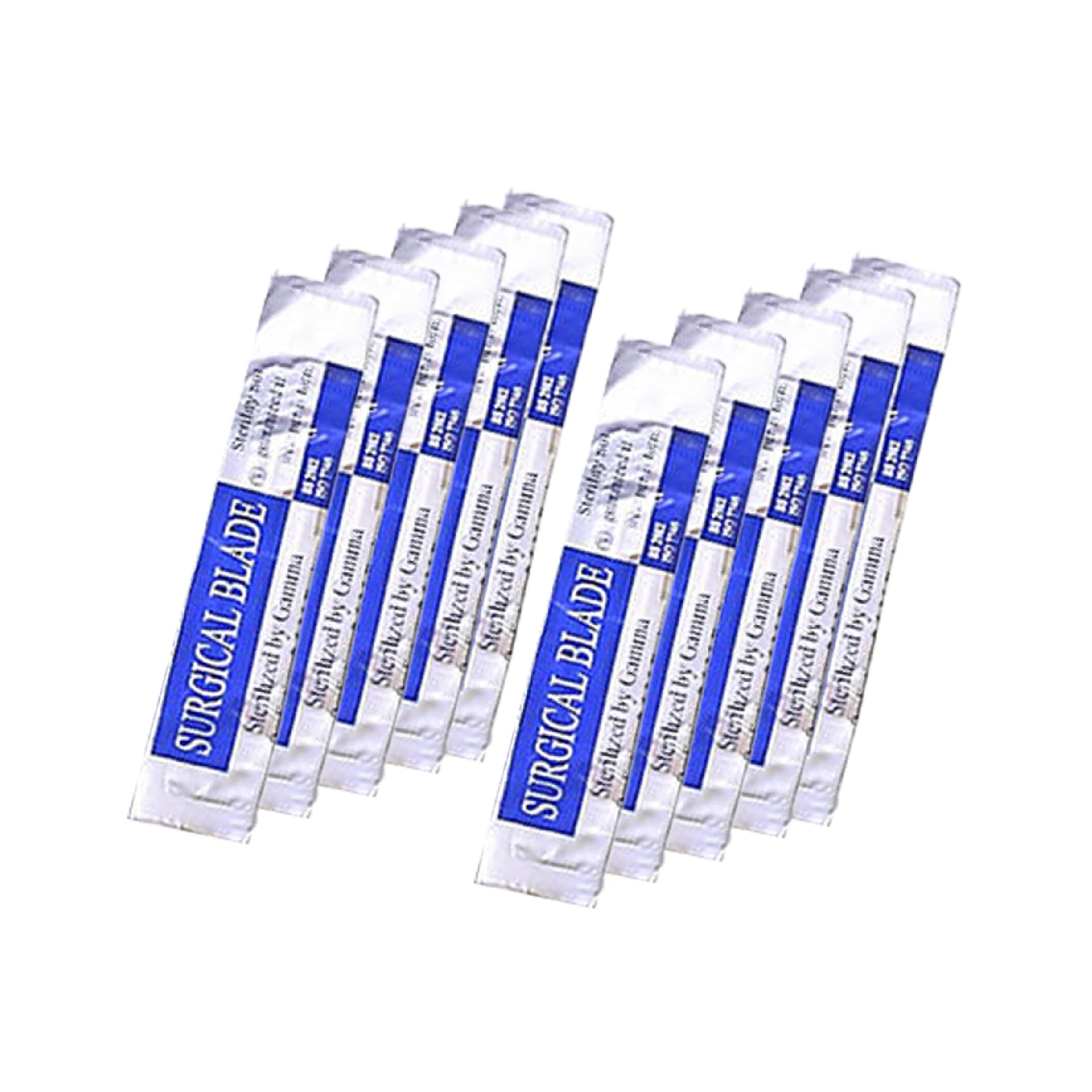 A fan-shaped arrangement of individually foil-wrapped sterile surgical scalpel blades with blue and white packaging.