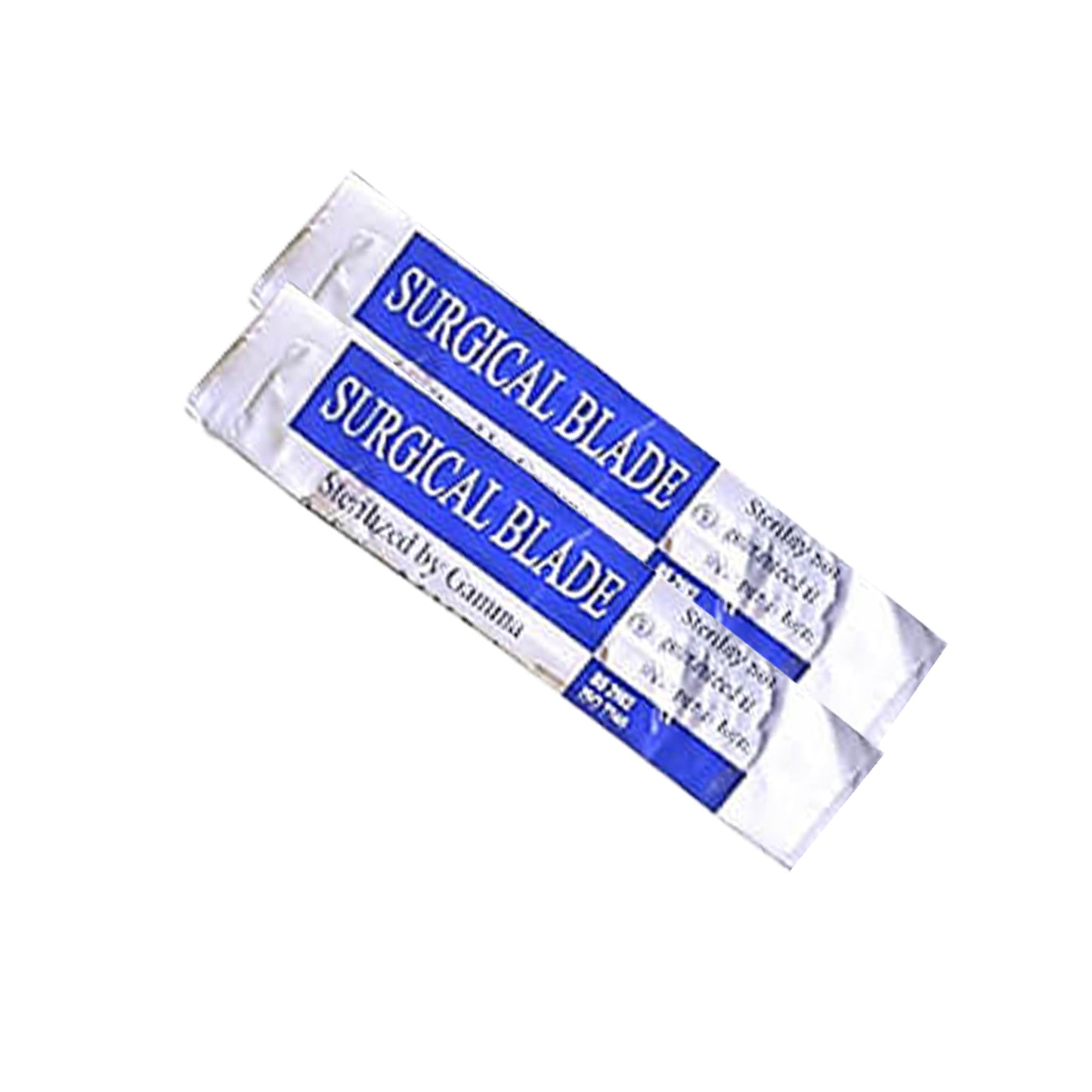 Two individually wrapped sterile surgical blades in foil packaging with blue and white labels, marked as "Surgical Blade" and "Sterilized by Gamma.