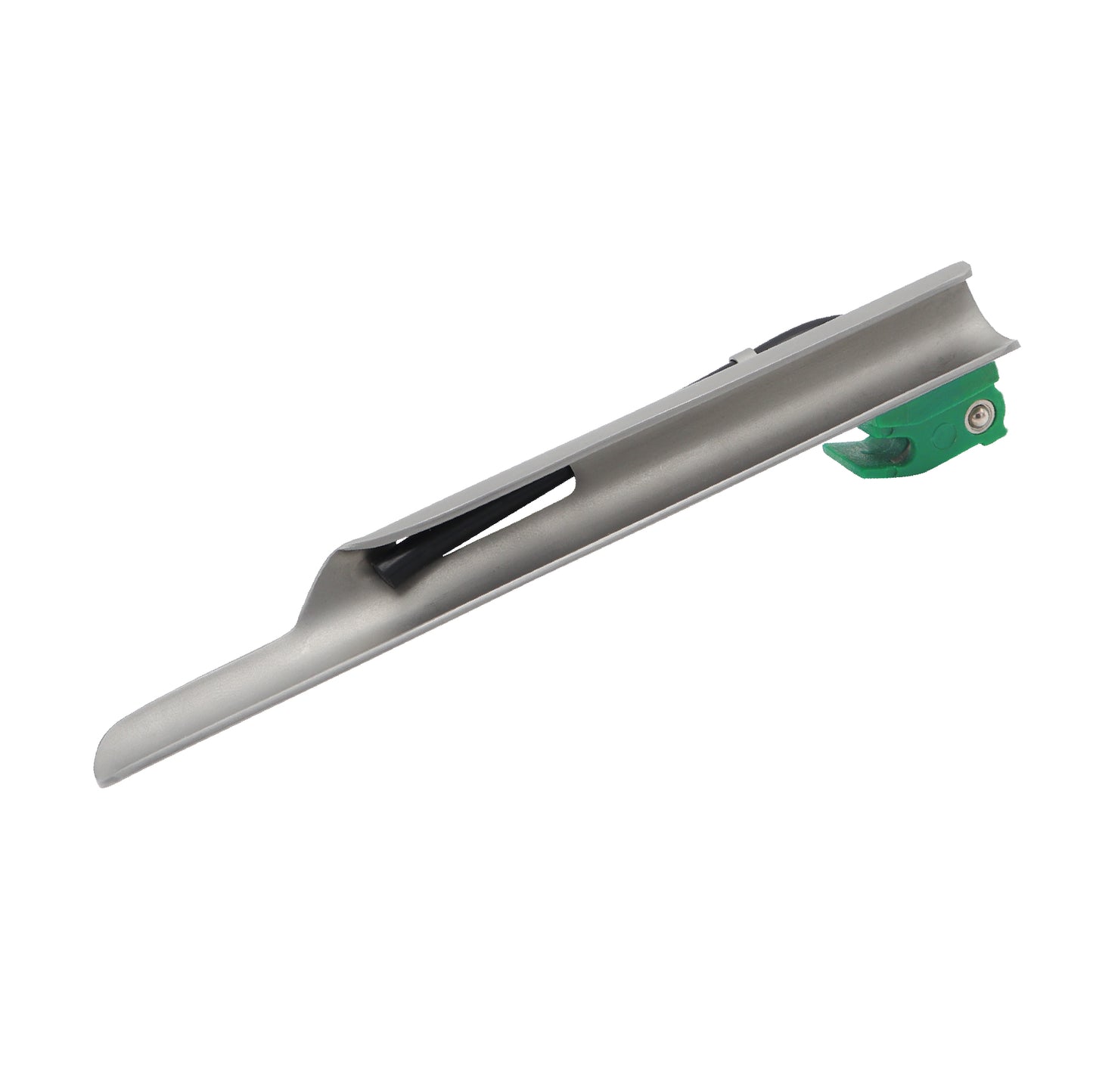 Individually wrapped Miller blade surgical tool, sterile medical instrument packaged for single-use clinical airway management procedures.