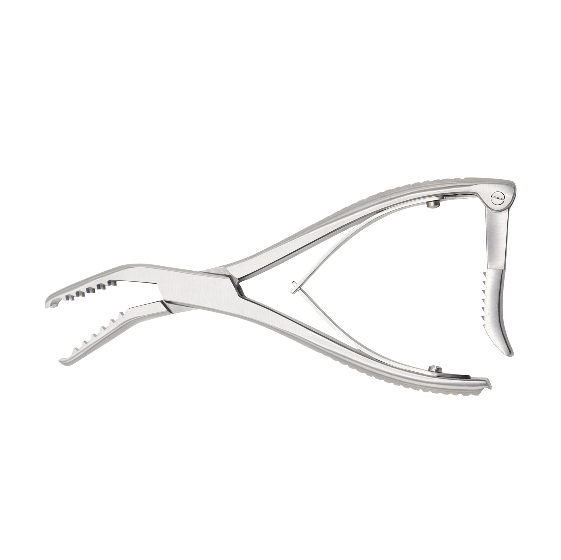 Professional medical-grade Inge Lamina Spreader made of polished stainless steel. The instrument features curved, non-toothed spreader jaws, a double-spring plier handle, and a graduated bar ratchet at the base for locking the jaws in an open position during spinal or orthopedic surgery.